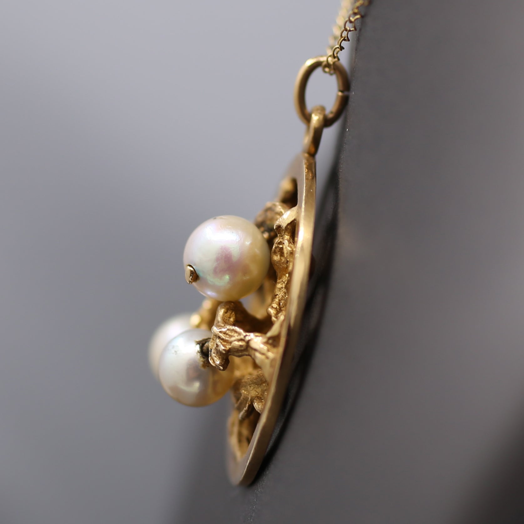  Mid-Century Three Stone Pearl Tree of Life Charm Pendant in 14k Yellow Gold
