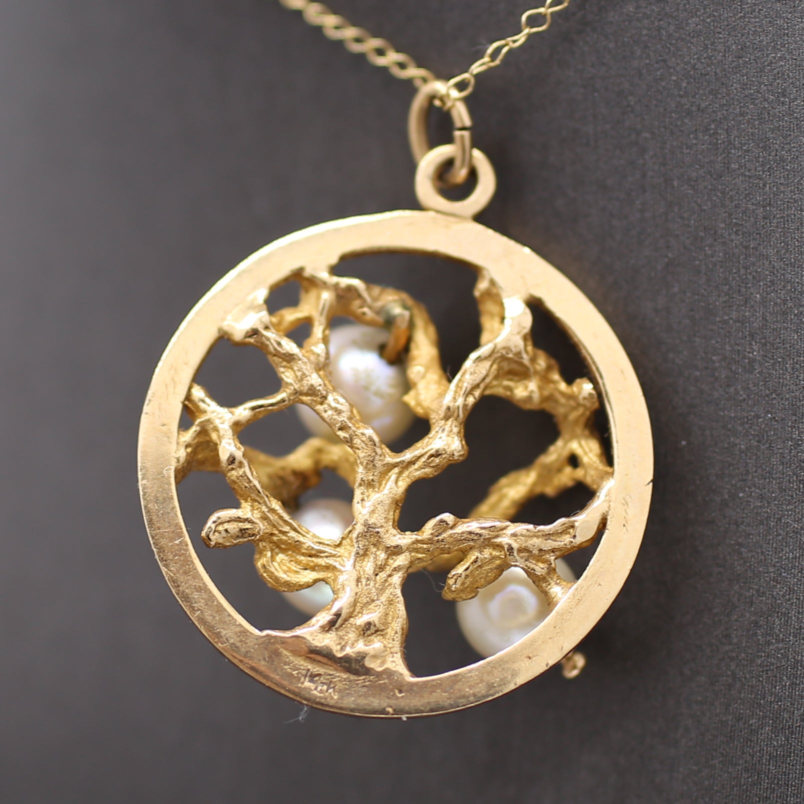  Mid-Century Three Stone Pearl Tree of Life Charm Pendant in 14k Yellow Gold