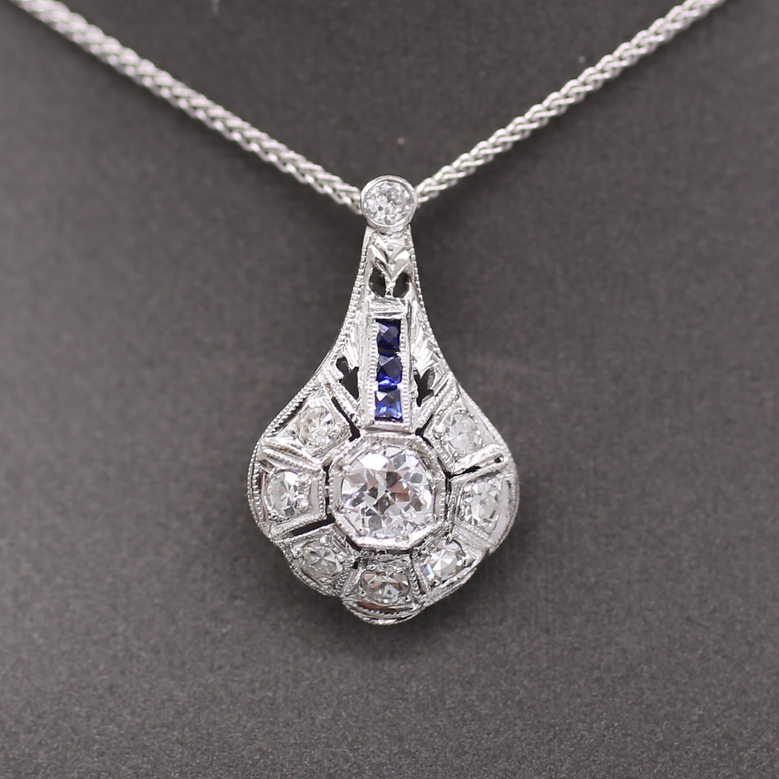 Art Deco Diamond and Sapphire Pendant Necklace in Platinum & 14k White Gold