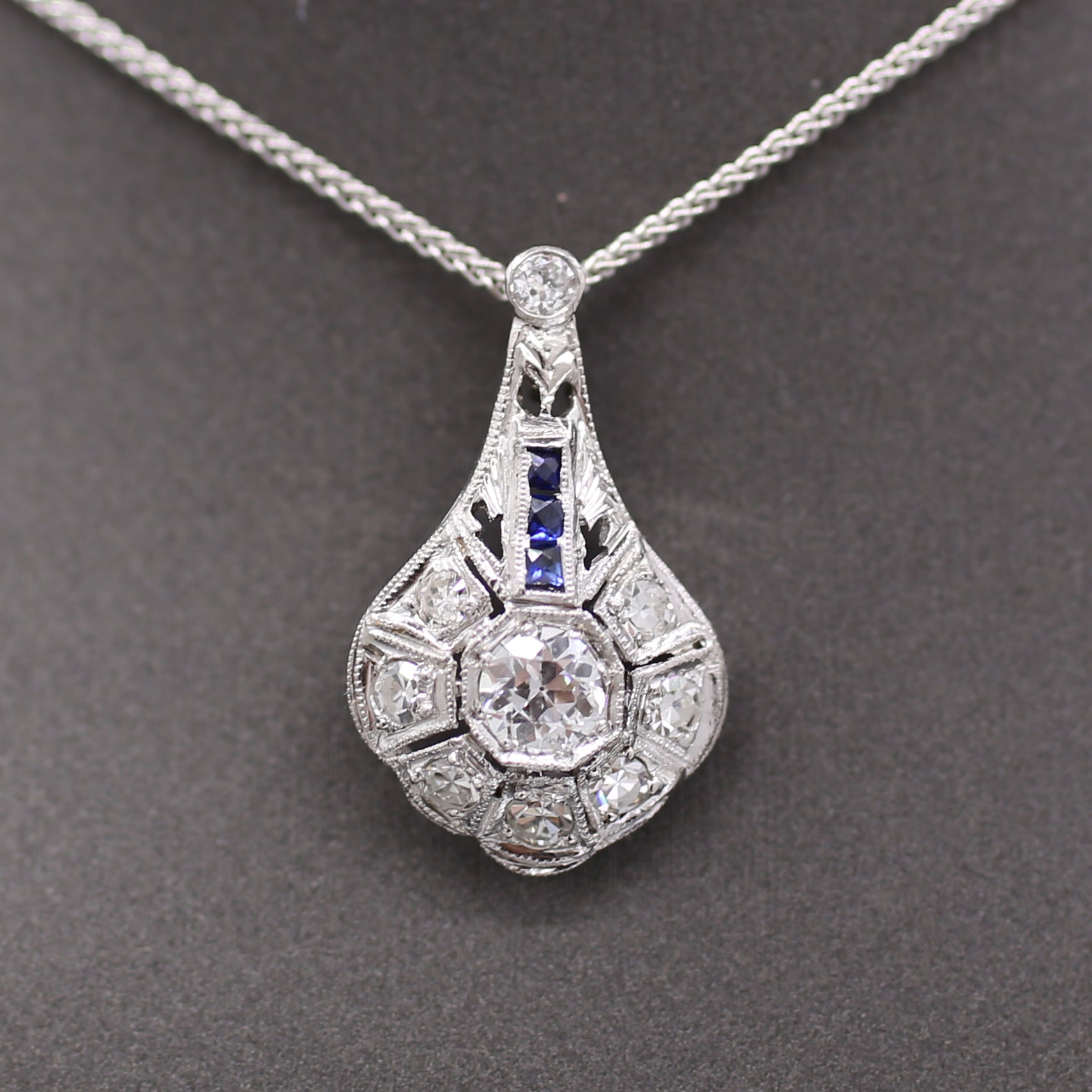 Art Deco Diamond and Sapphire Pendant Necklace in Platinum & 14k White Gold