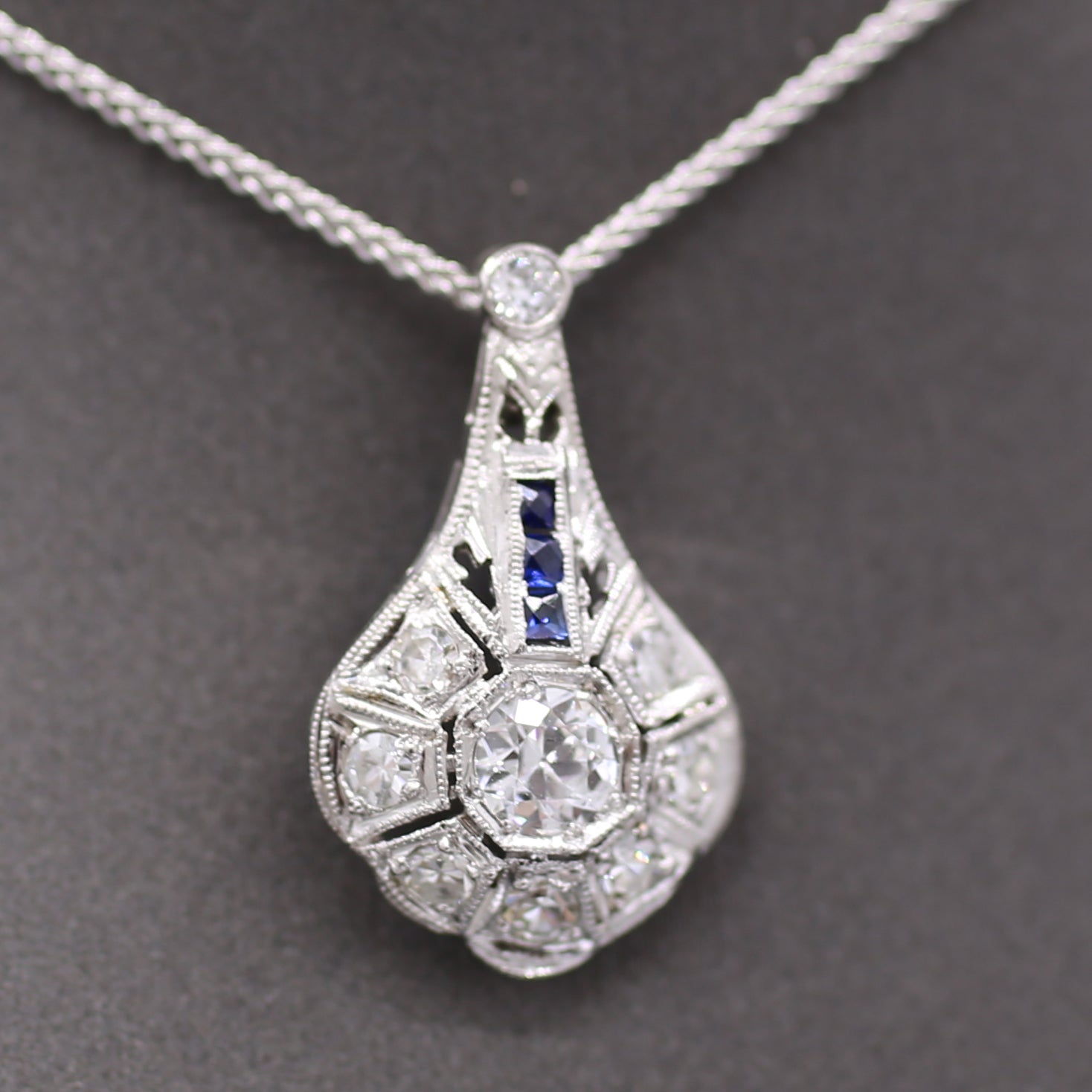 Art Deco Diamond and Sapphire Pendant Necklace in Platinum & 14k White Gold