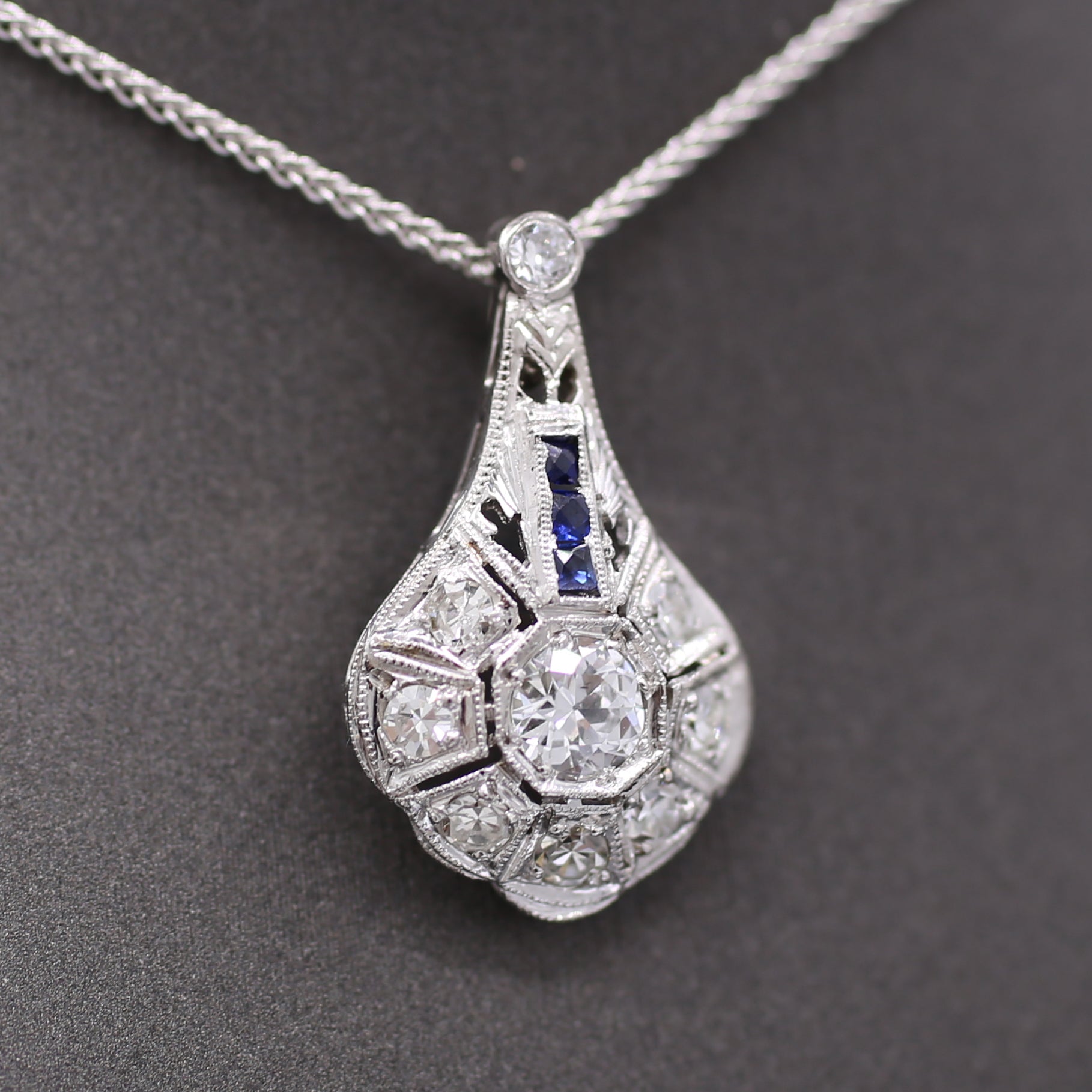 Art Deco Diamond and Sapphire Pendant Necklace in Platinum & 14k White Gold