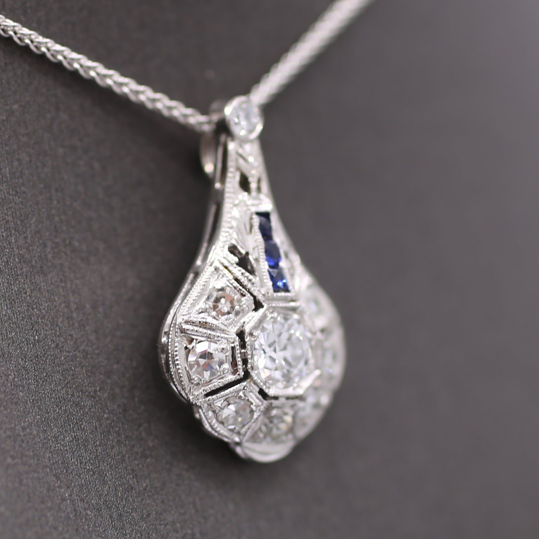 Art Deco Diamond and Sapphire Pendant Necklace in Platinum & 14k White Gold