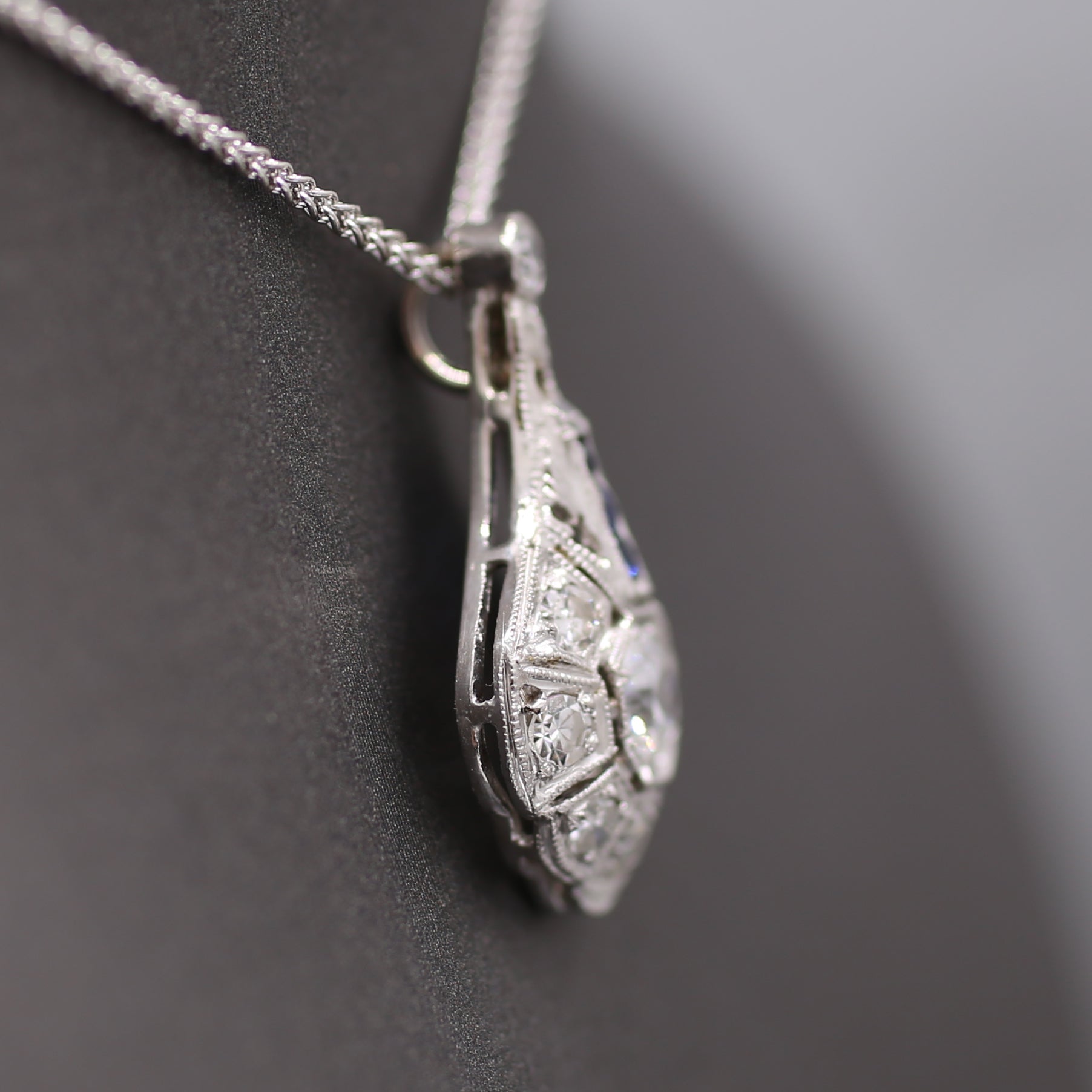 Art Deco Diamond and Sapphire Pendant Necklace in Platinum & 14k White Gold