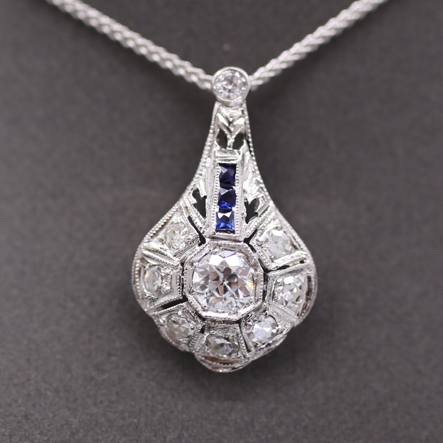 Art Deco Diamond and Sapphire Pendant Necklace in Platinum & 14k White Gold