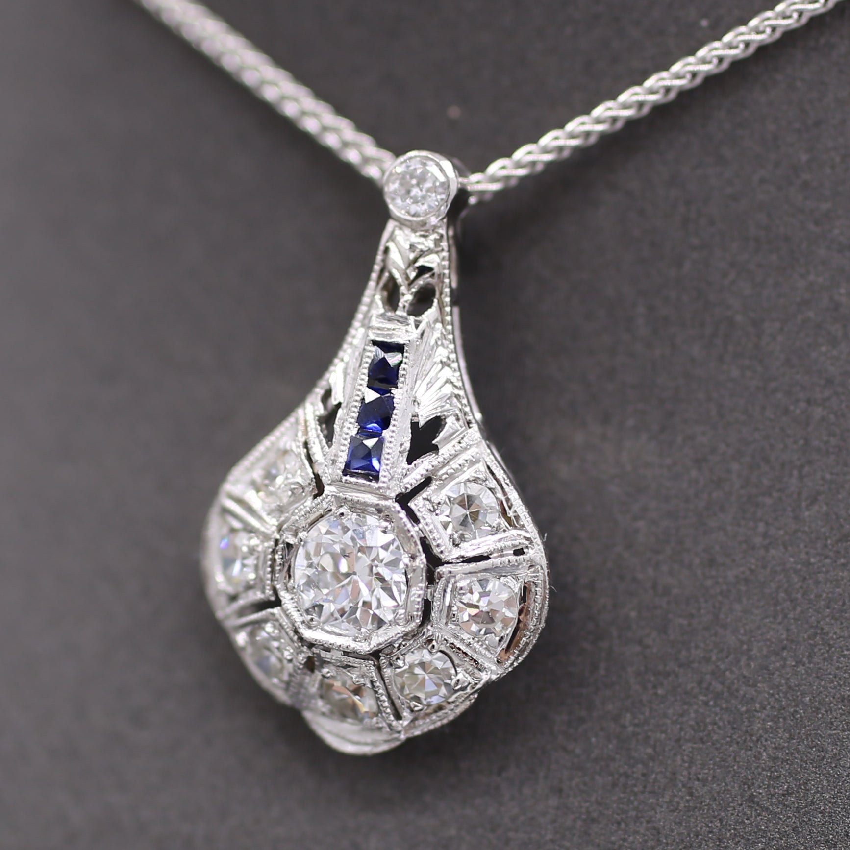 Art Deco Diamond and Sapphire Pendant Necklace in Platinum & 14k White Gold