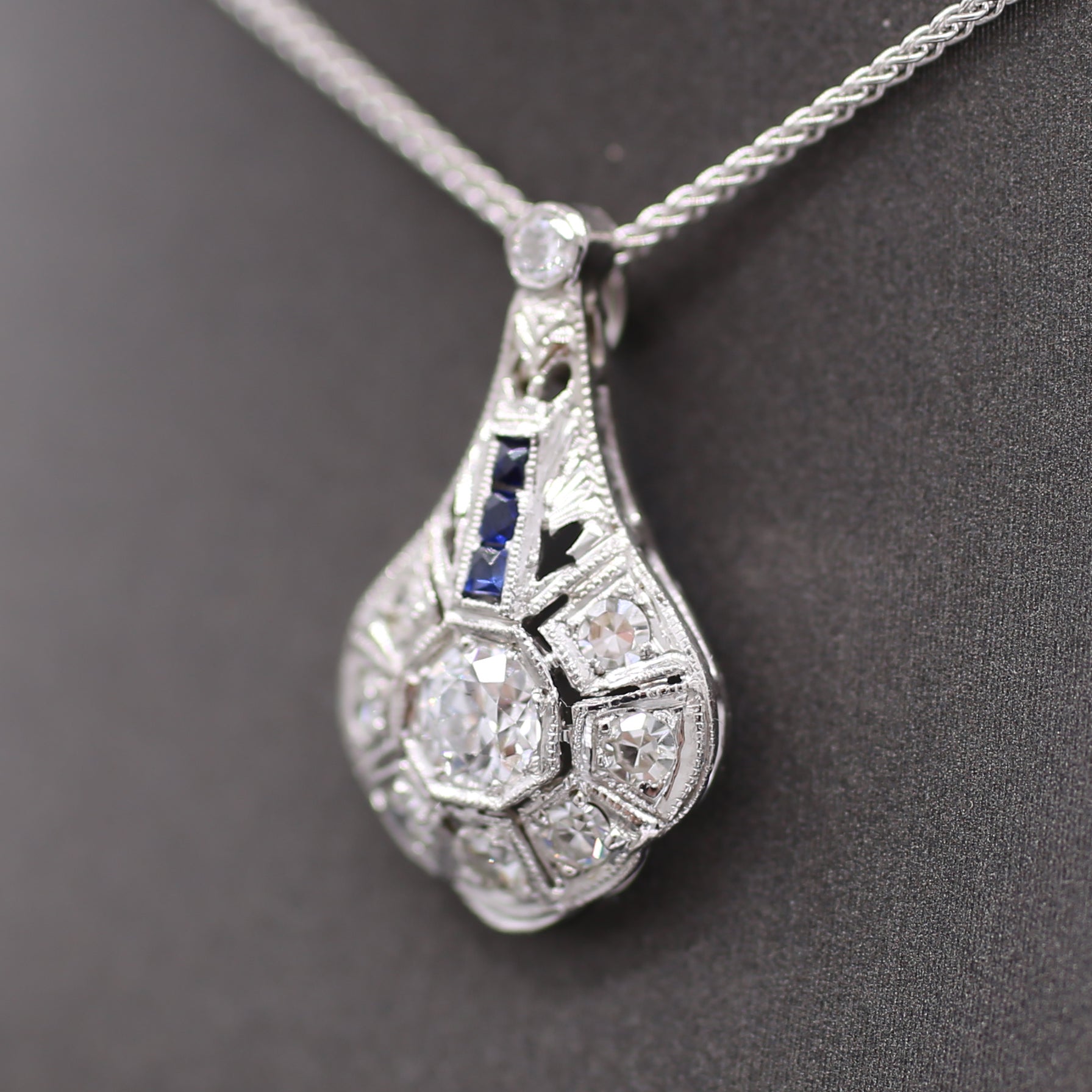 Art Deco Diamond and Sapphire Pendant Necklace in Platinum & 14k White Gold