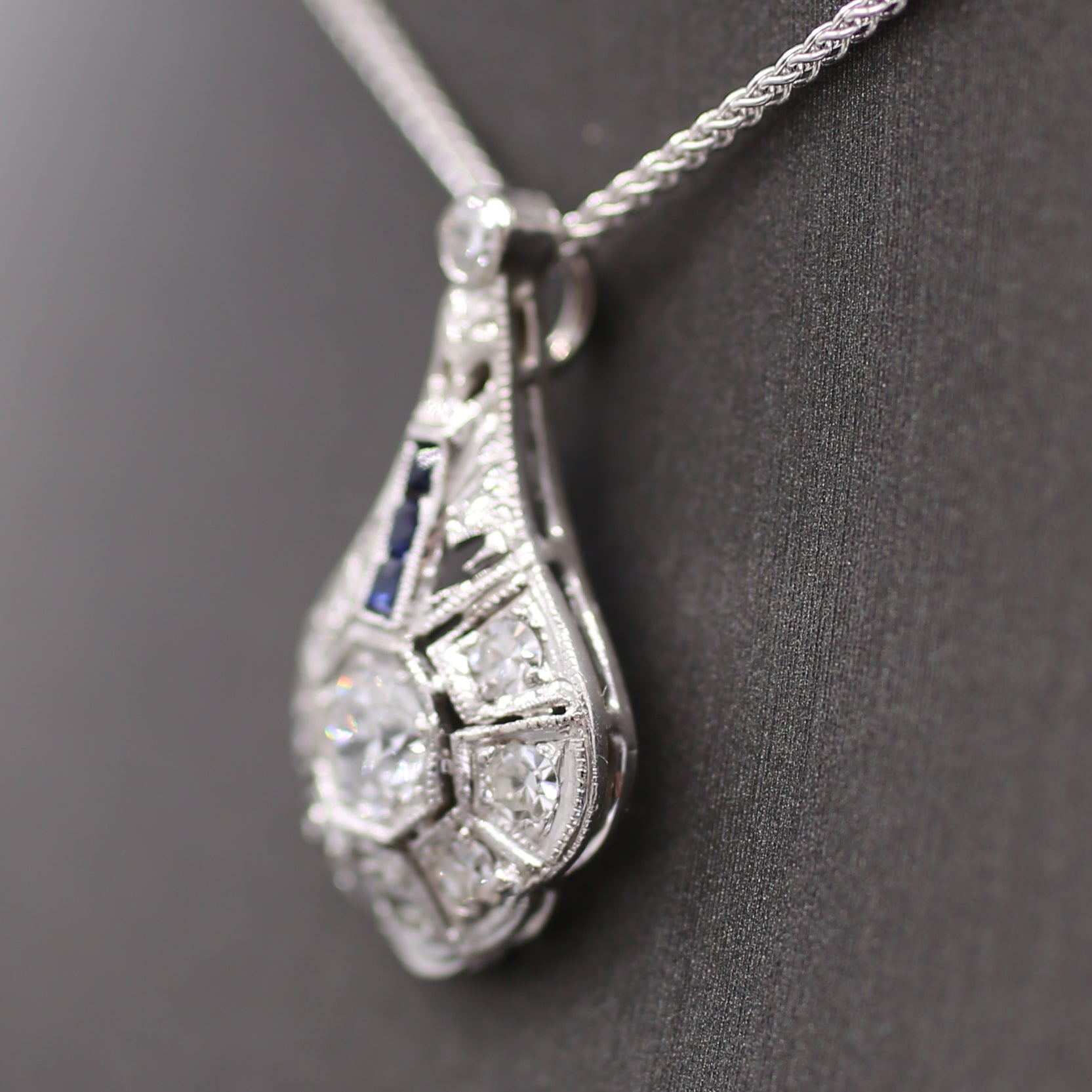 Art Deco Diamond and Sapphire Pendant Necklace in Platinum & 14k White Gold
