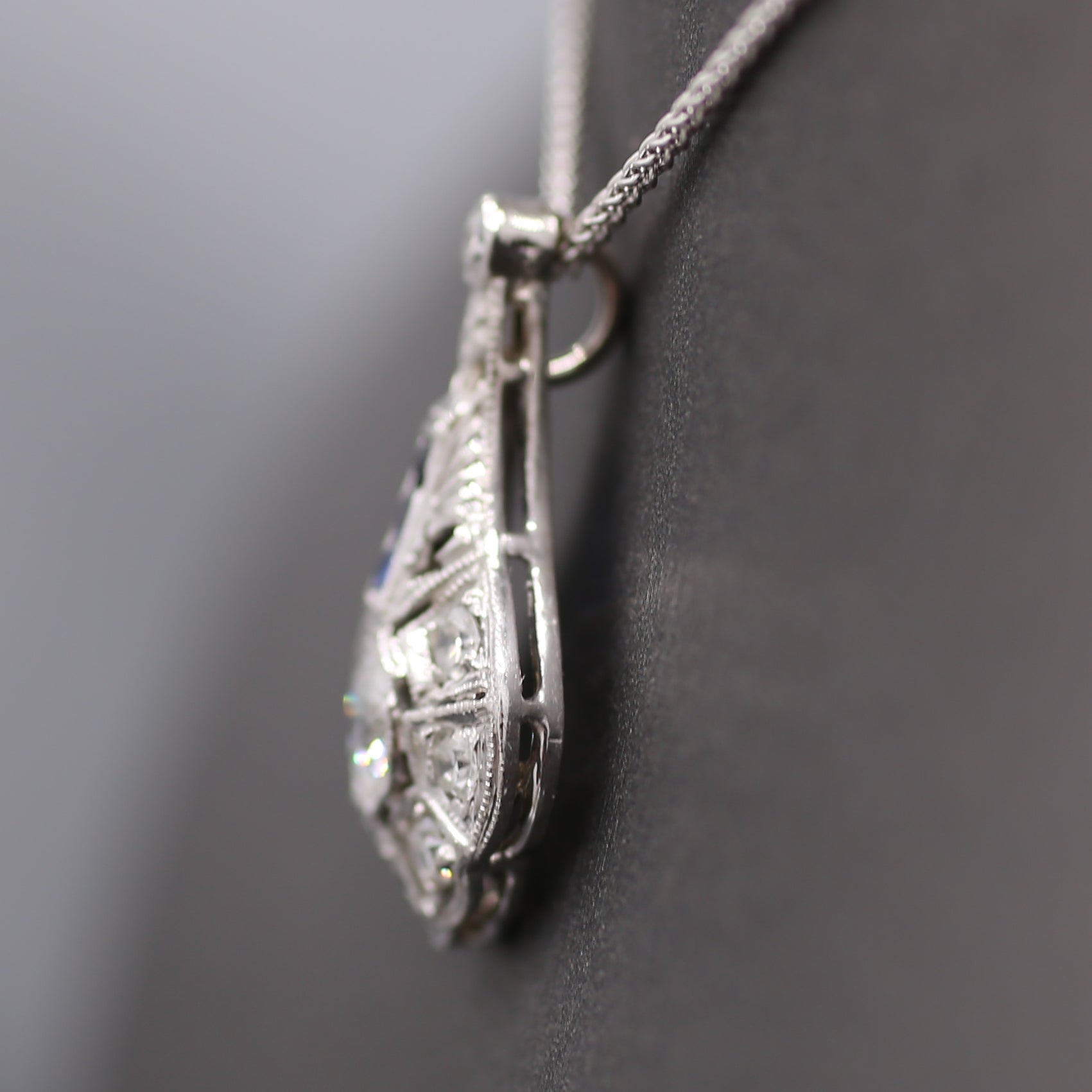 Art Deco Diamond and Sapphire Pendant Necklace in Platinum & 14k White Gold