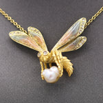 Art Nouveau Enamel Diamond and Pearl Bee Pendant Necklace in 18k Yellow Gold