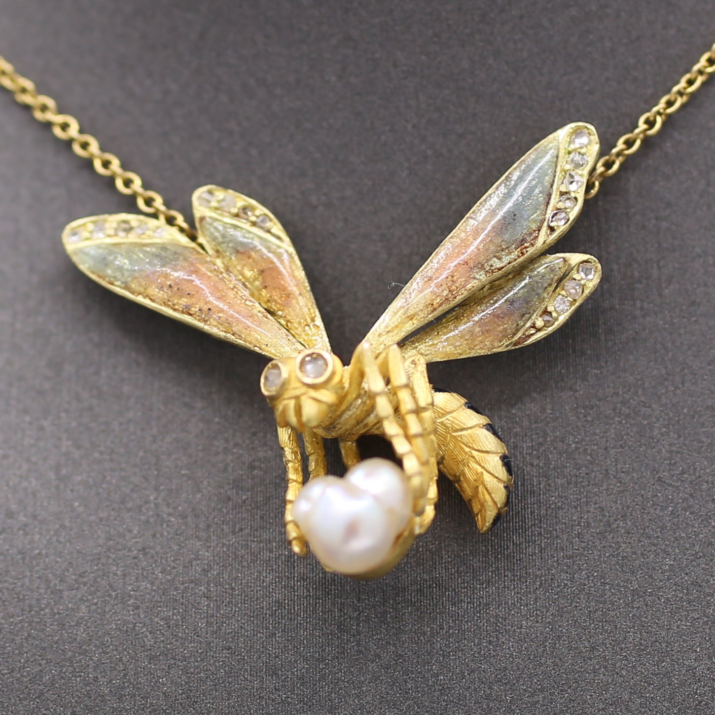 Art Nouveau Enamel Diamond and Pearl Bee Pendant Necklace in 18k Yellow Gold