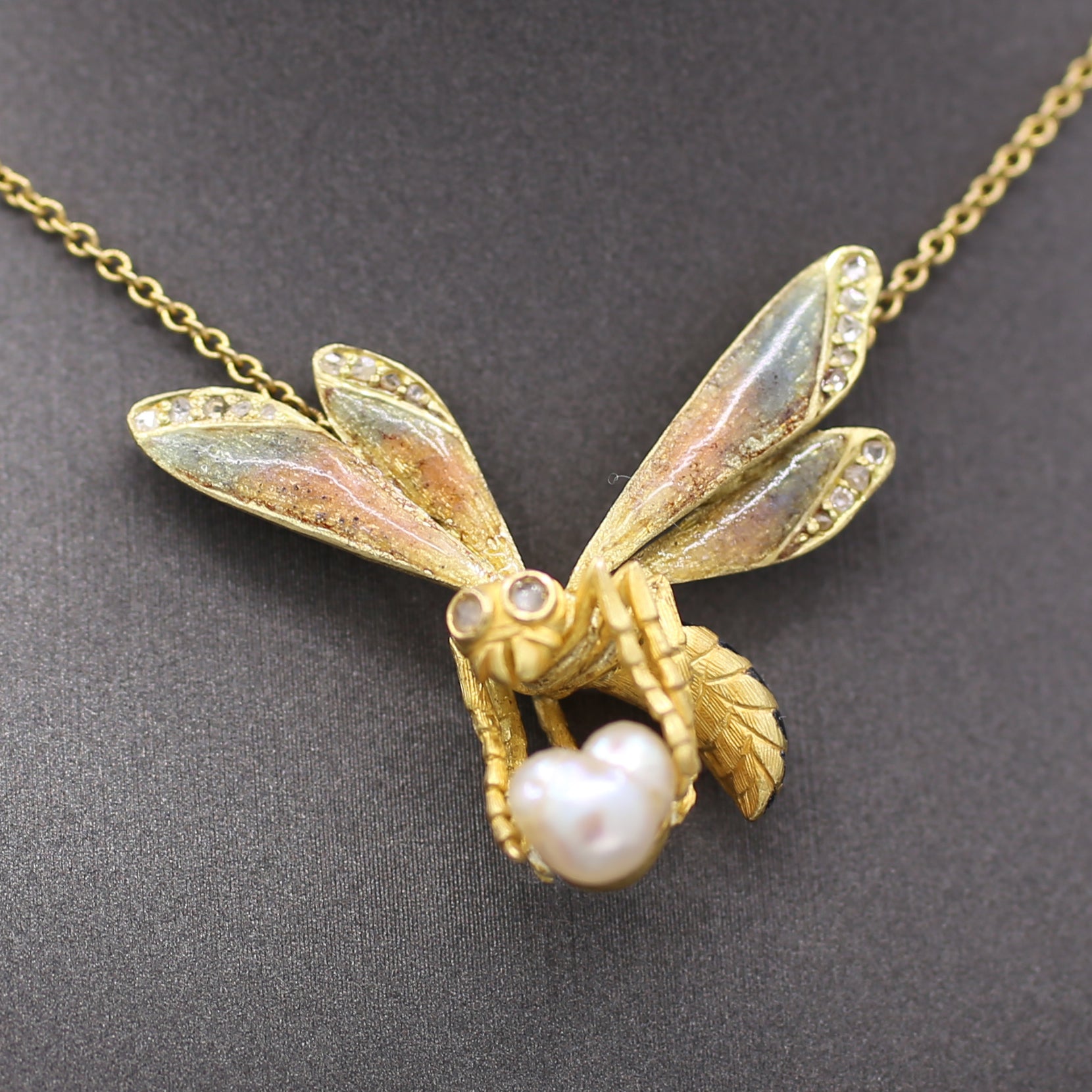 Art Nouveau Enamel Diamond and Pearl Bee Pendant Necklace in 18k Yellow Gold