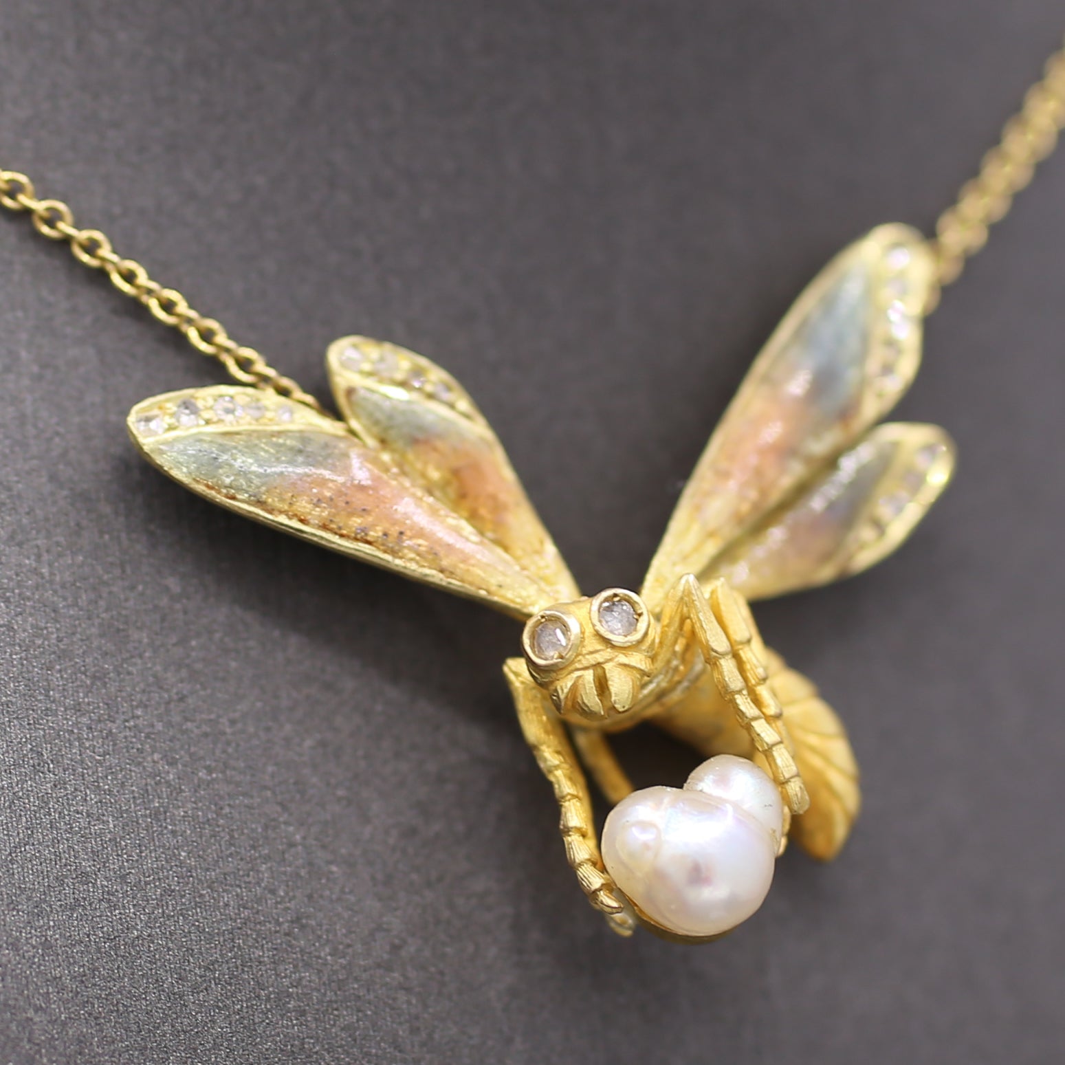 Art Nouveau Enamel Diamond and Pearl Bee Pendant Necklace in 18k Yellow Gold