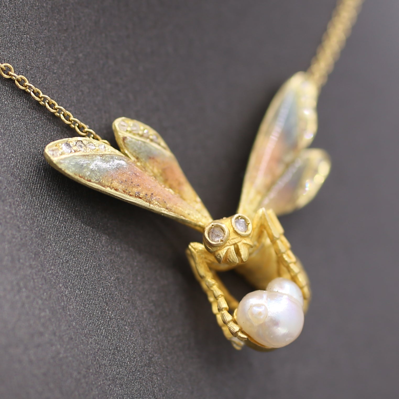 Art Nouveau Enamel Diamond and Pearl Bee Pendant Necklace in 18k Yellow Gold