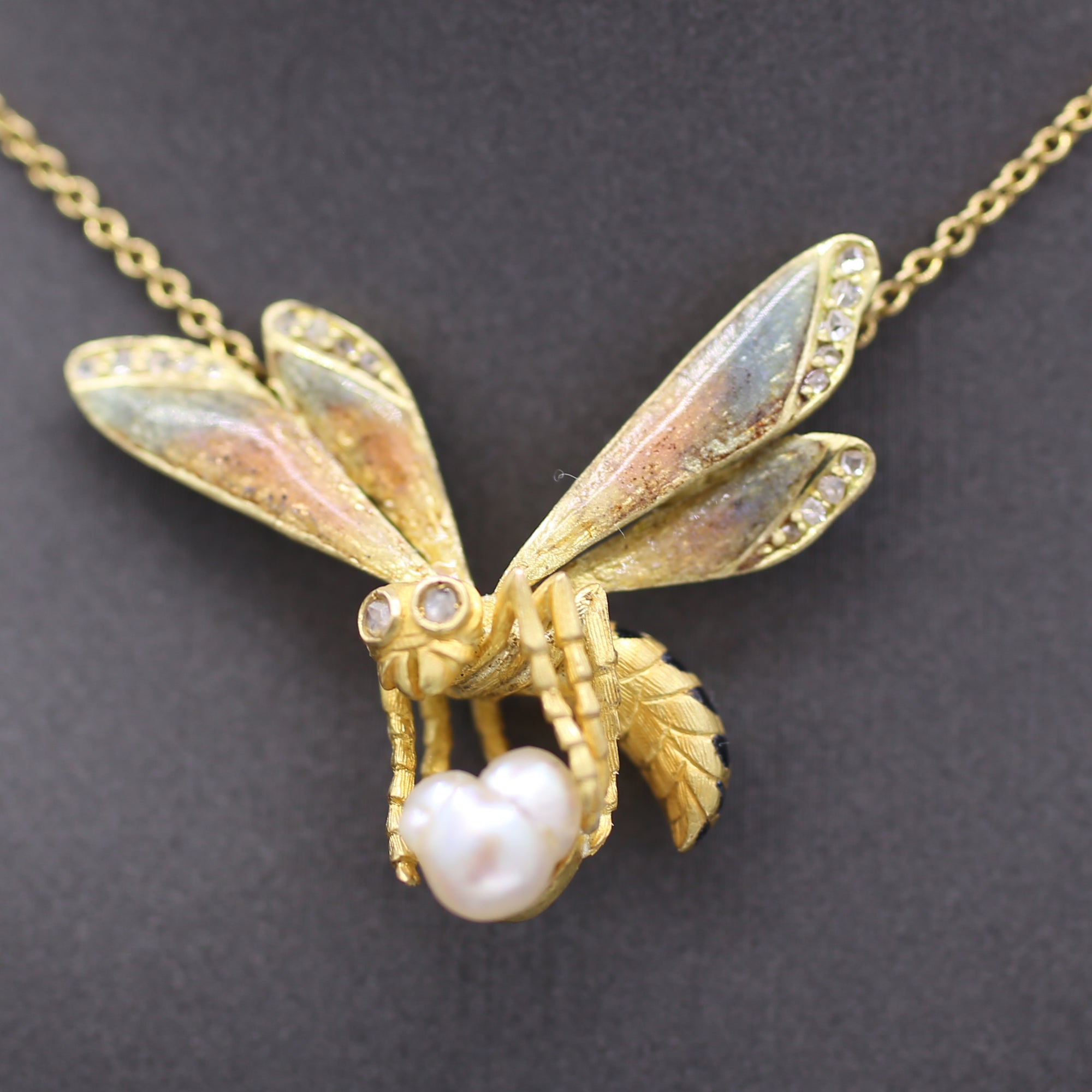 Art Nouveau Enamel Diamond and Pearl Bee Pendant Necklace in 18k Yellow Gold