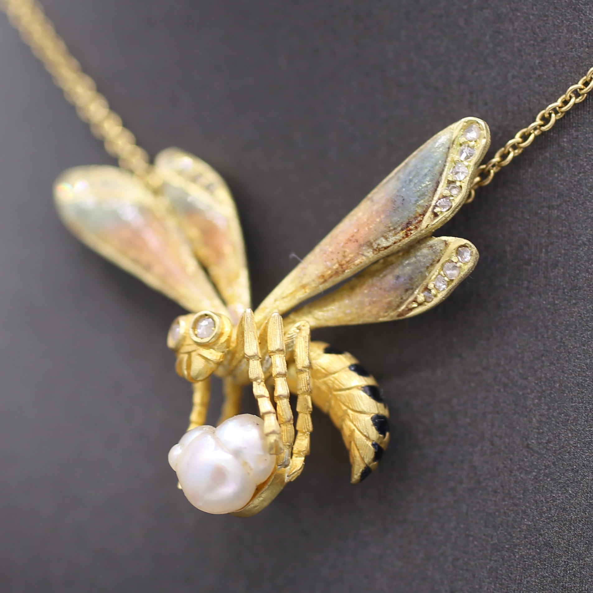 Art Nouveau Enamel Diamond and Pearl Bee Pendant Necklace in 18k Yellow Gold
