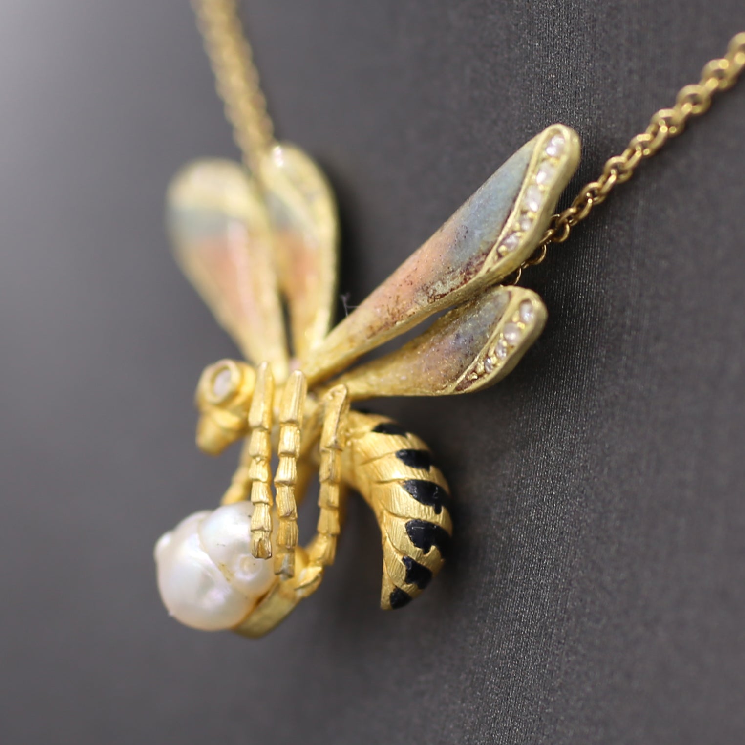 Art Nouveau Enamel Diamond and Pearl Bee Pendant Necklace in 18k Yellow Gold