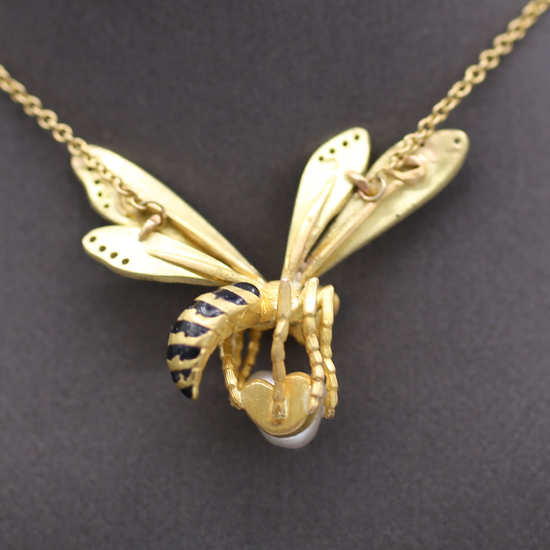 Art Nouveau Enamel Diamond and Pearl Bee Pendant Necklace in 18k Yellow Gold