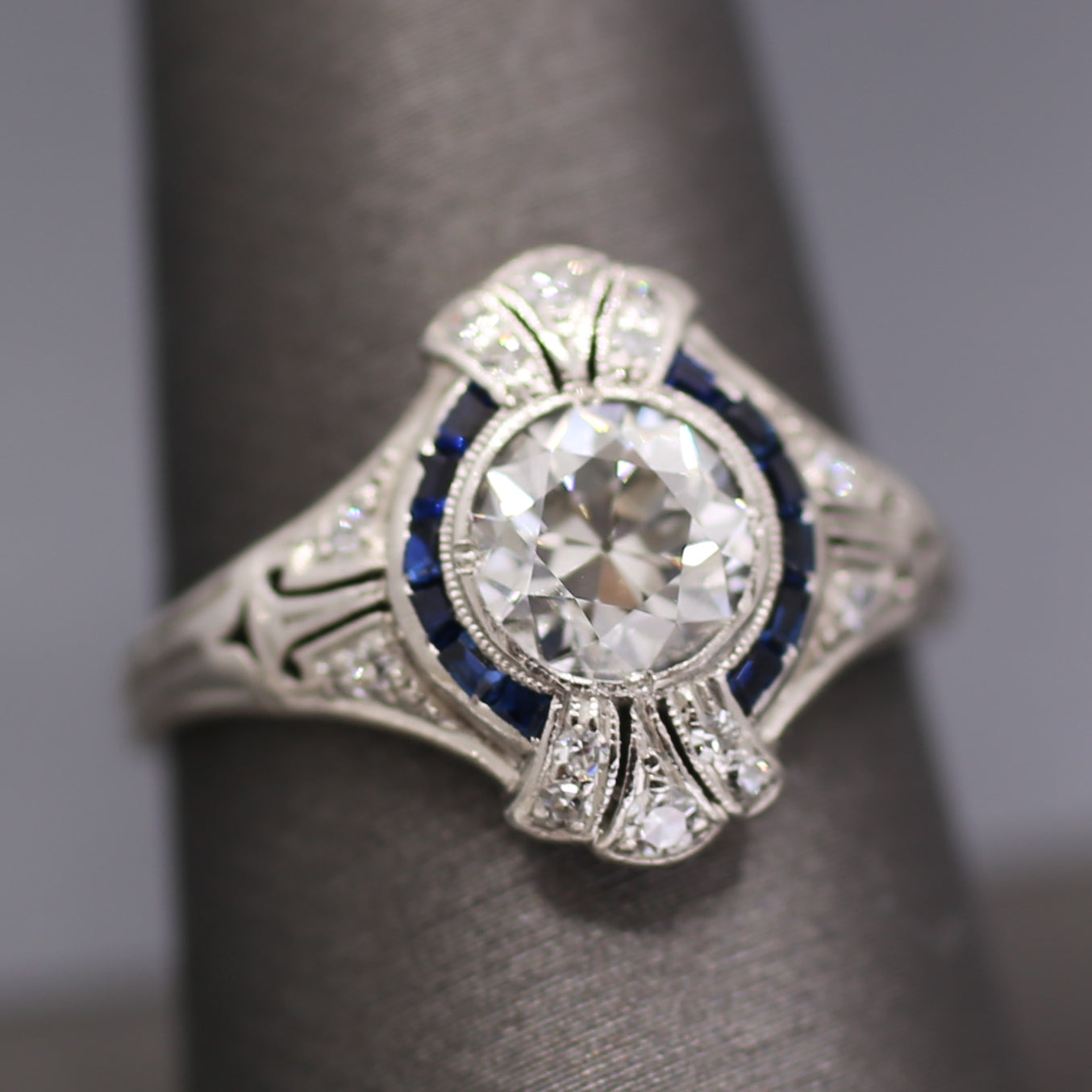 Dazzling Art Deco Old European Cut Diamond and Sapphire Engagement Ring in Platinum