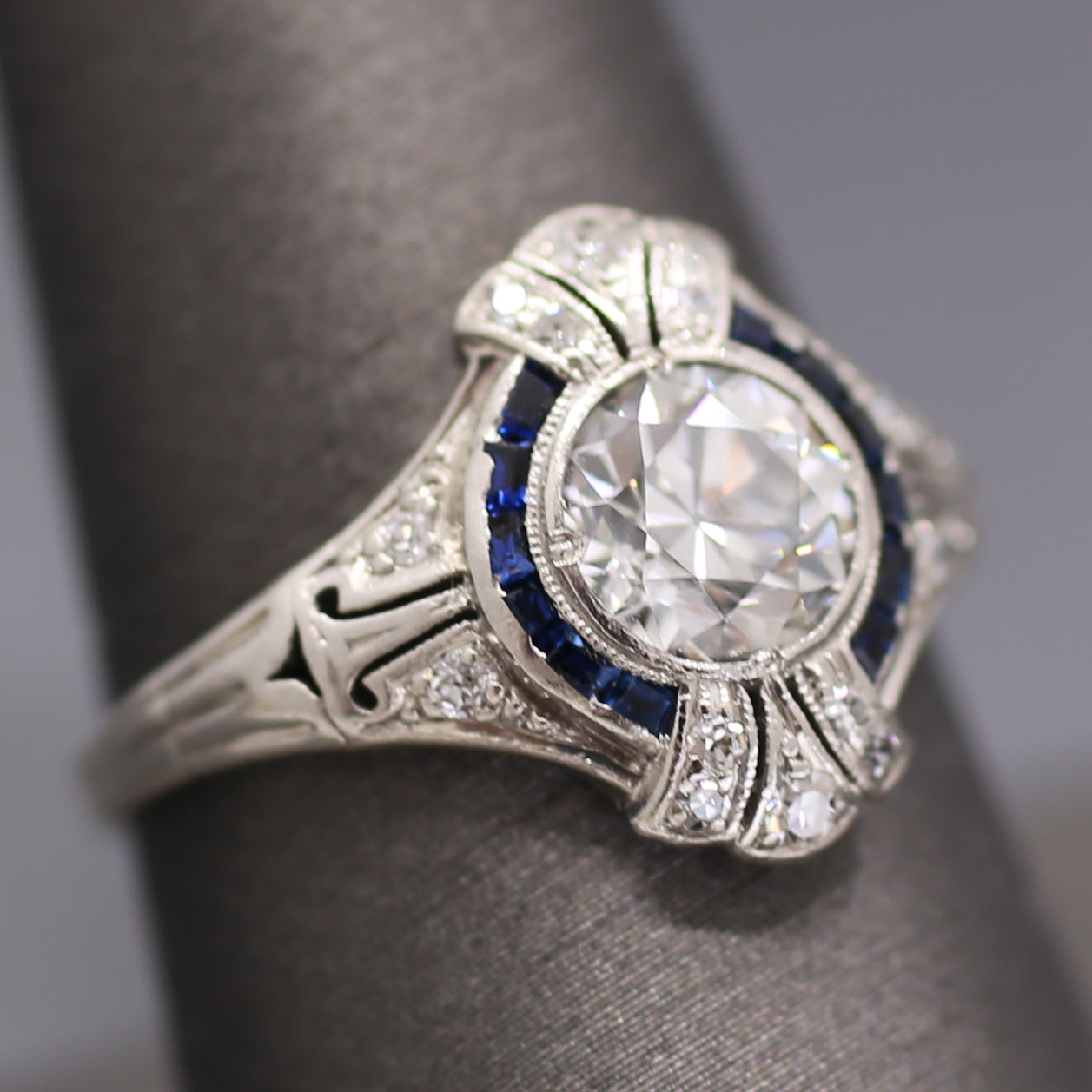 Dazzling Art Deco Old European Cut Diamond and Sapphire Engagement Ring in Platinum