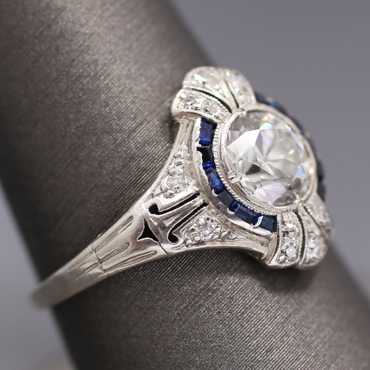 Dazzling Art Deco Old European Cut Diamond and Sapphire Engagement Ring in Platinum