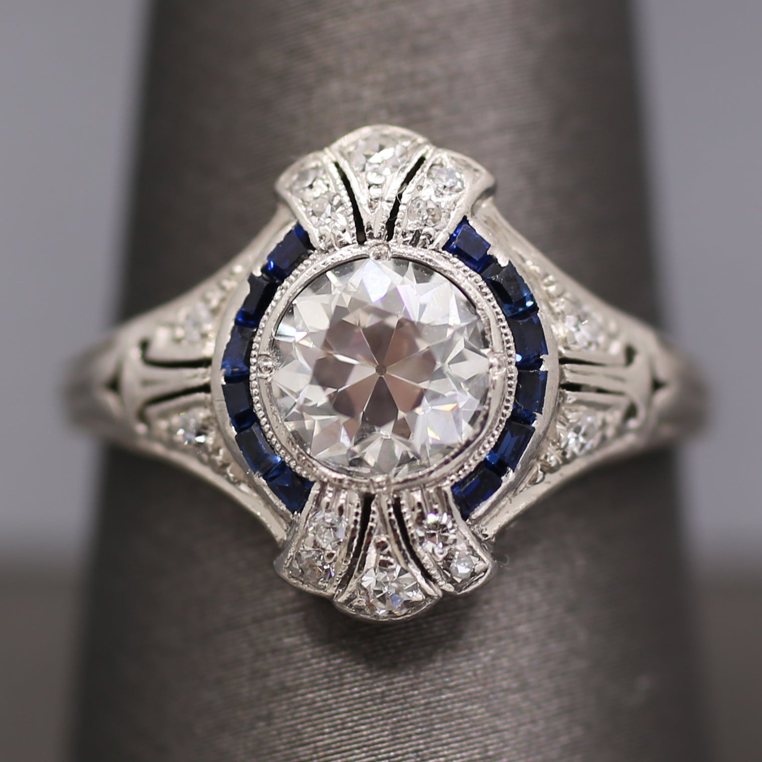 Dazzling Art Deco Old European Cut Diamond and Sapphire Engagement Ring in Platinum
