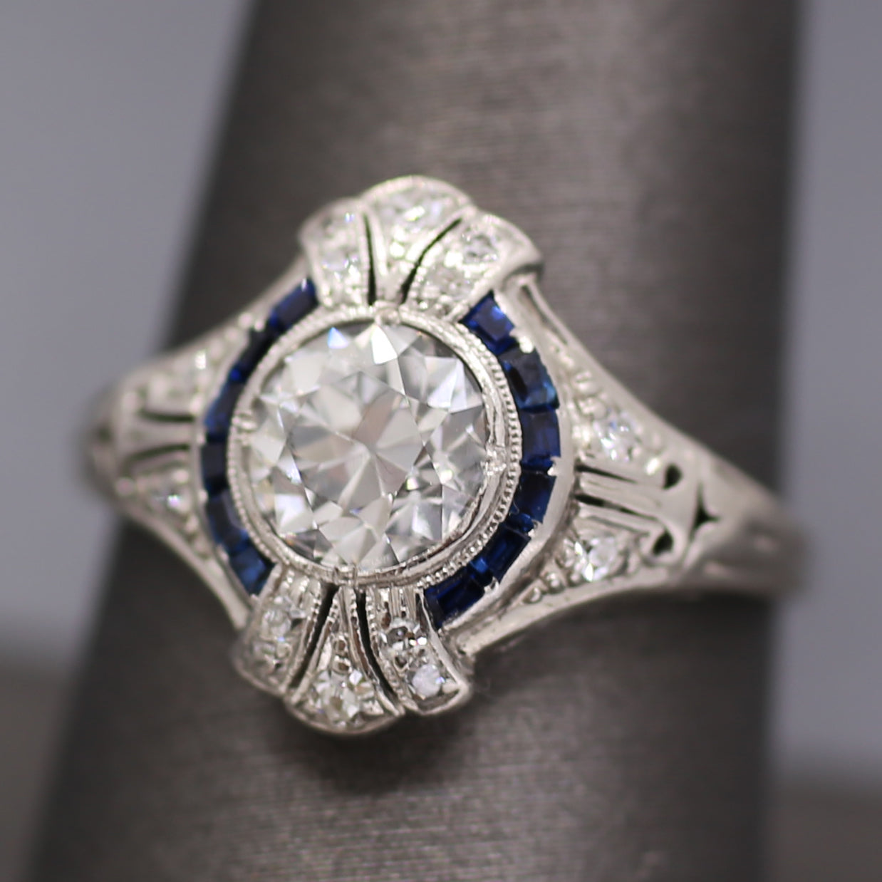 Dazzling Art Deco Old European Cut Diamond and Sapphire Engagement Ring in Platinum