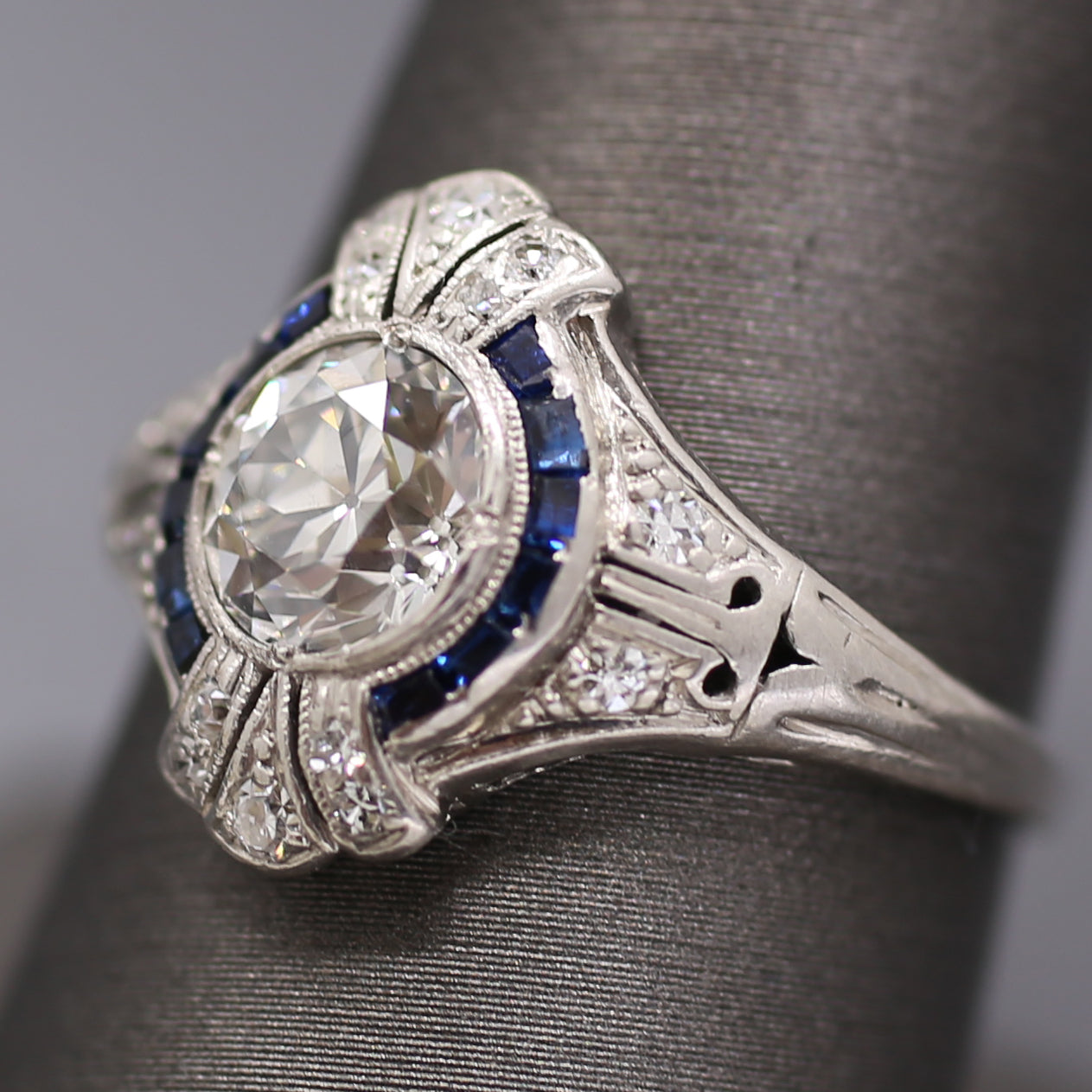 Dazzling Art Deco Old European Cut Diamond and Sapphire Engagement Ring in Platinum