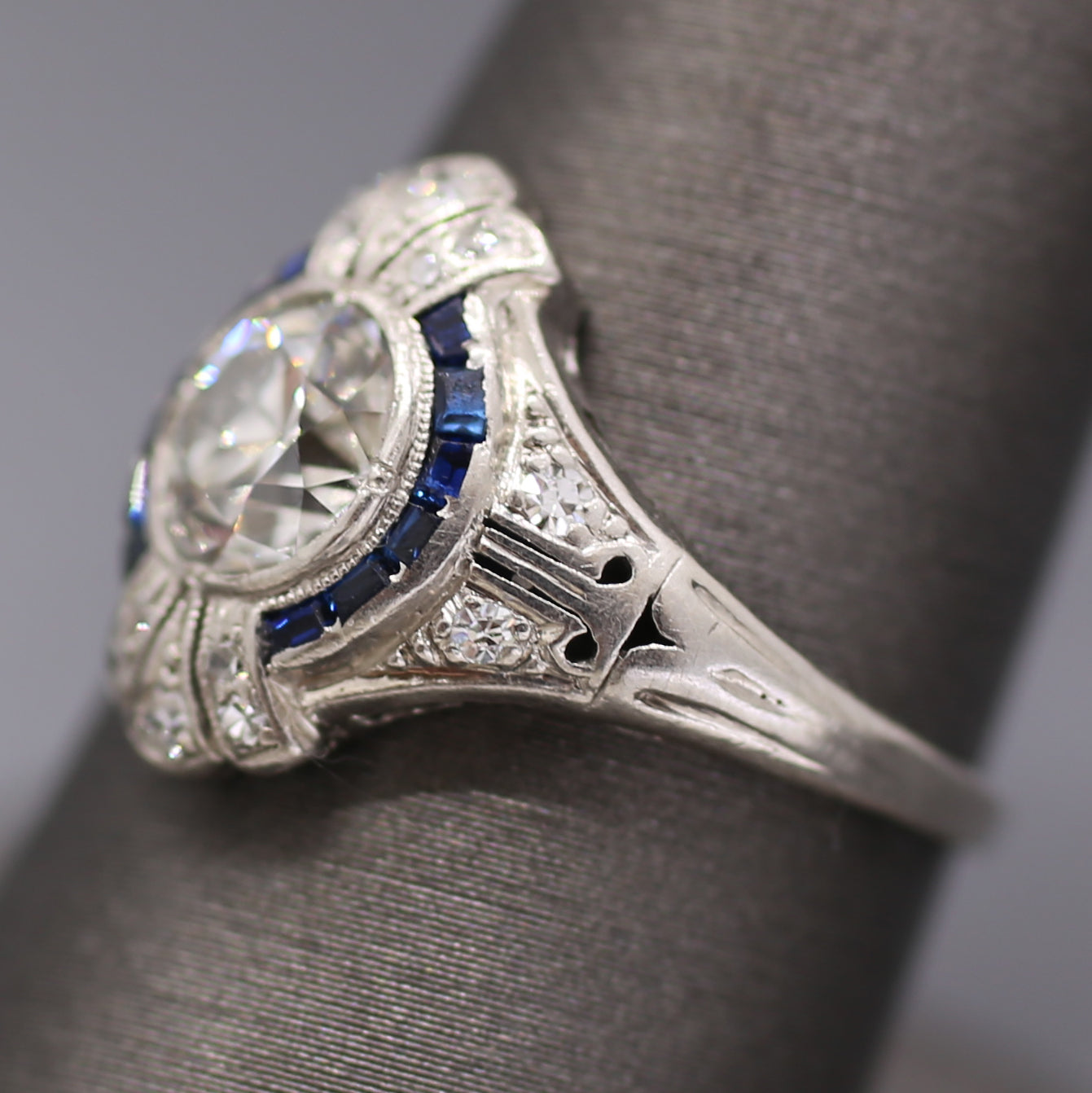 Dazzling Art Deco Old European Cut Diamond and Sapphire Engagement Ring in Platinum