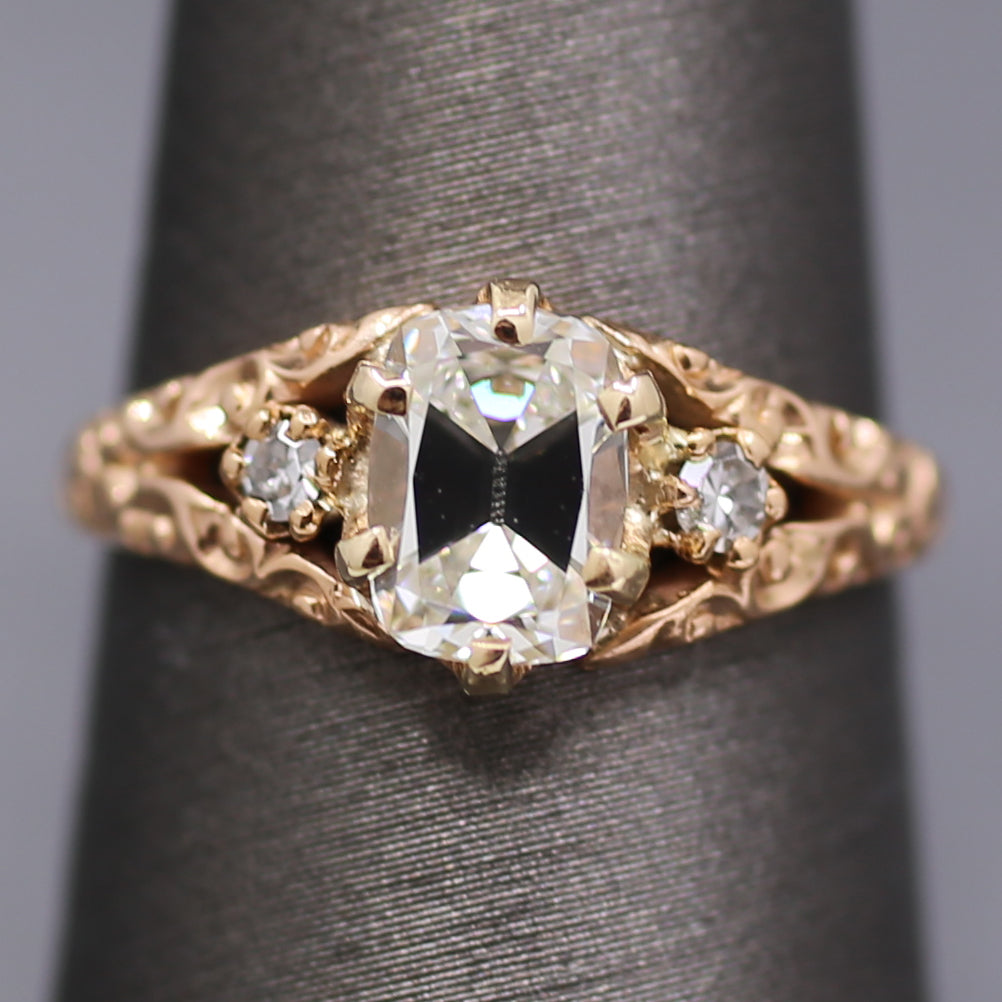 Victorian GIA Certified Elongated Old Mine Cut Diamond Ring in 14k Rosy Gold