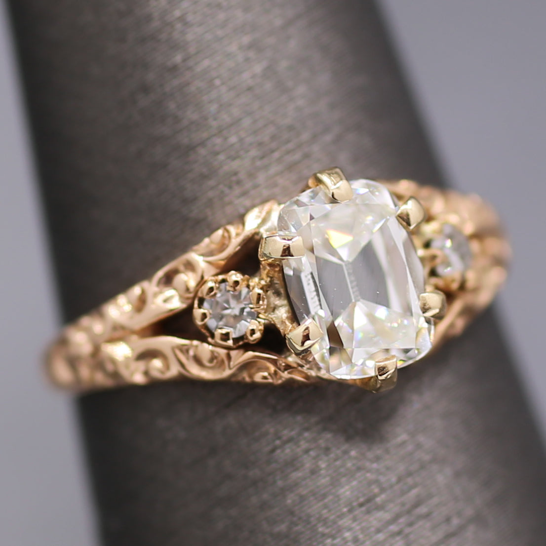 Victorian GIA Certified Elongated Old Mine Cut Diamond Ring in 14k Rosy Gold