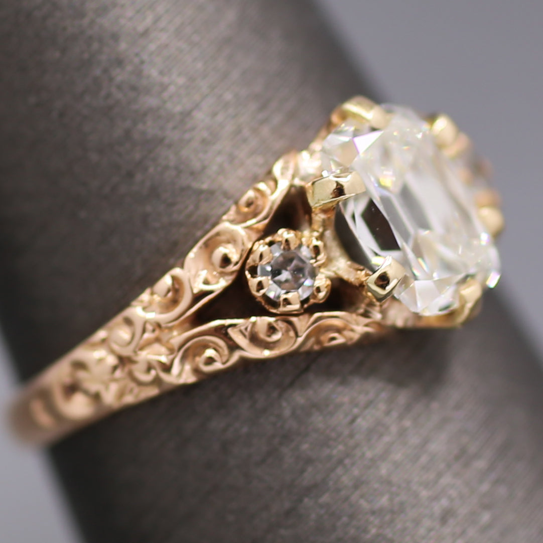 Victorian GIA Certified Elongated Old Mine Cut Diamond Ring in 14k Rosy Gold