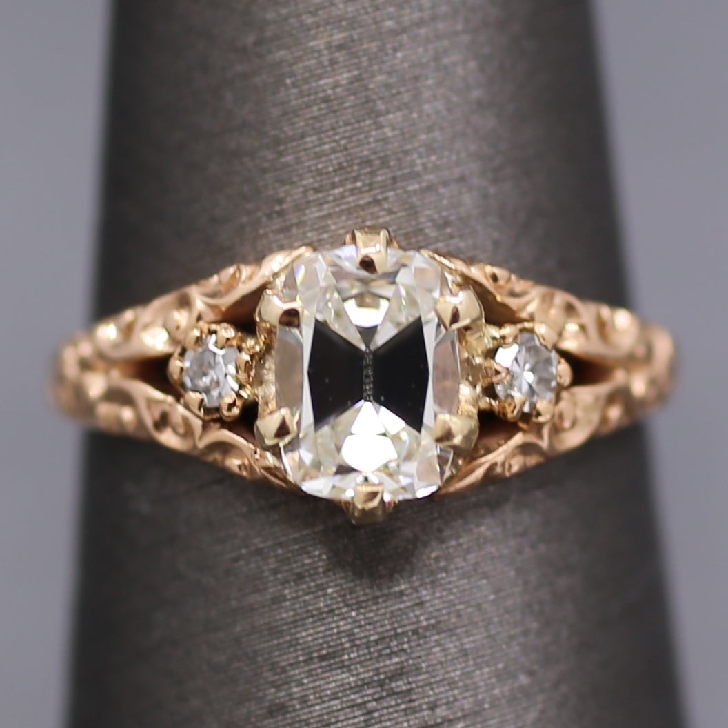 Victorian GIA Certified Elongated Old Mine Cut Diamond Ring in 14k Rosy Gold
