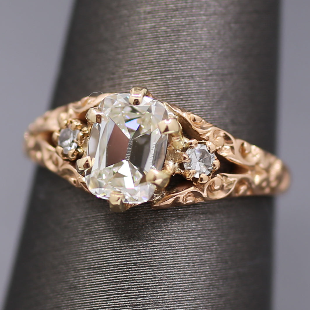 Victorian GIA Certified Elongated Old Mine Cut Diamond Ring in 14k Rosy Gold