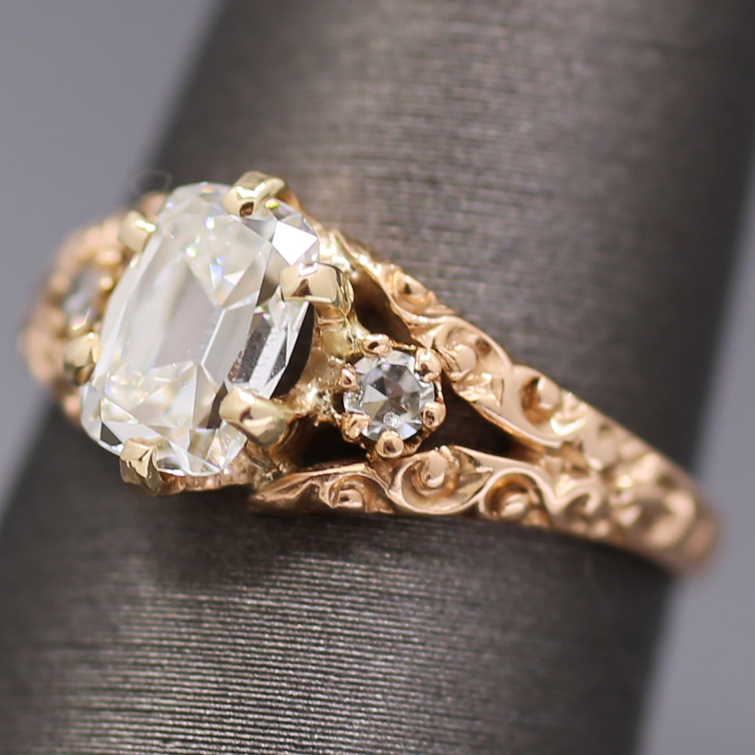 Victorian GIA Certified Elongated Old Mine Cut Diamond Ring in 14k Rosy Gold