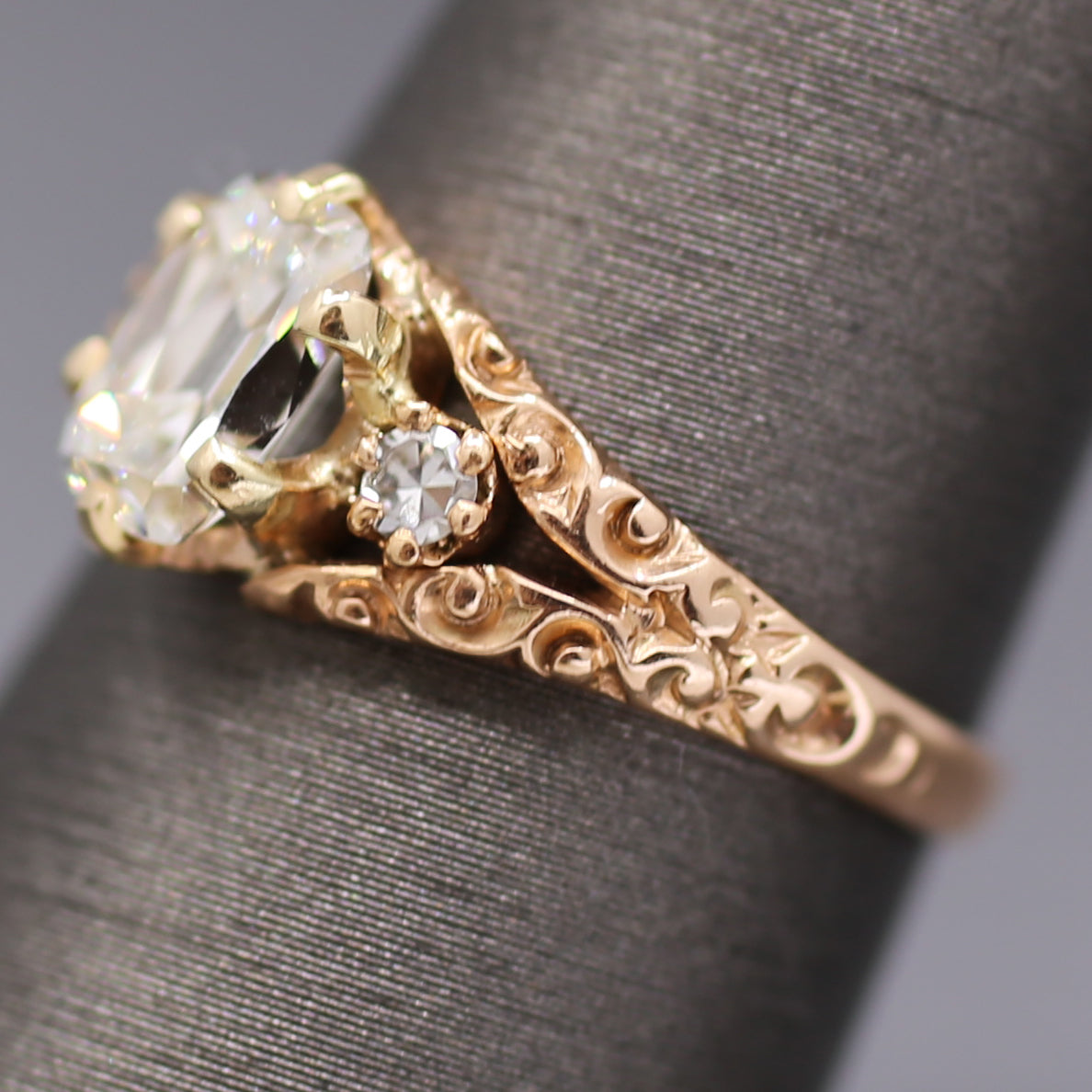 Victorian GIA Certified Elongated Old Mine Cut Diamond Ring in 14k Rosy Gold