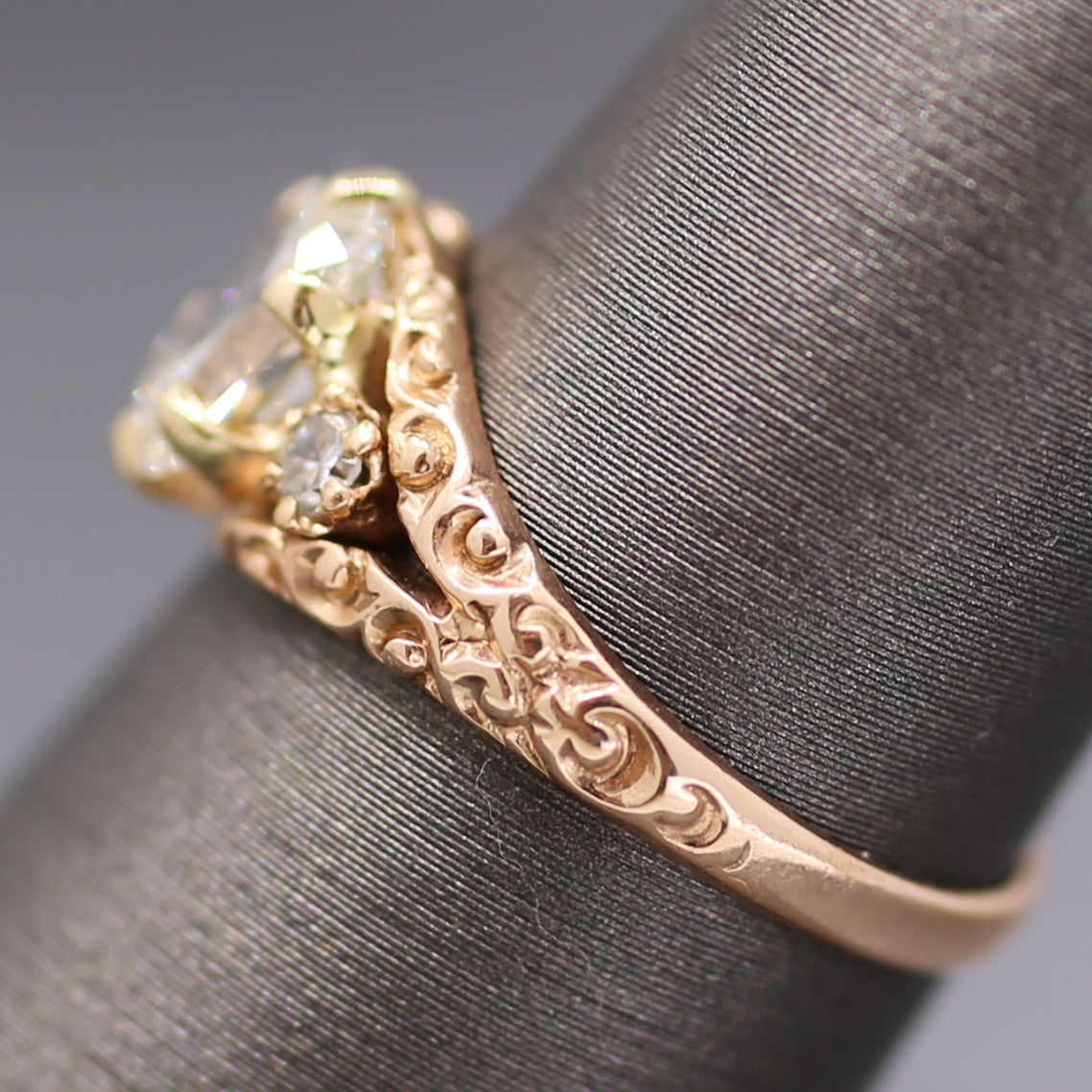 Victorian GIA Certified Elongated Old Mine Cut Diamond Ring in 14k Rosy Gold