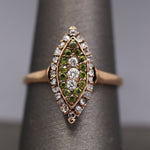 Victorian Old Mine Rose Cut Diamond & Demantoid Garnet Navette Ring in 10k Rose Gold
