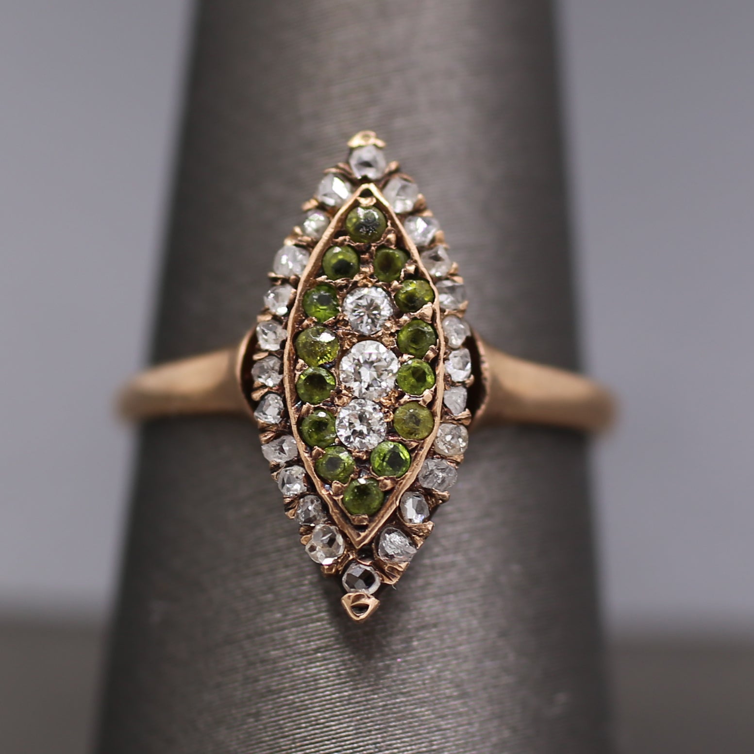 Victorian Old Mine Rose Cut Diamond & Demantoid Garnet Navette Ring in 10k Rose Gold
