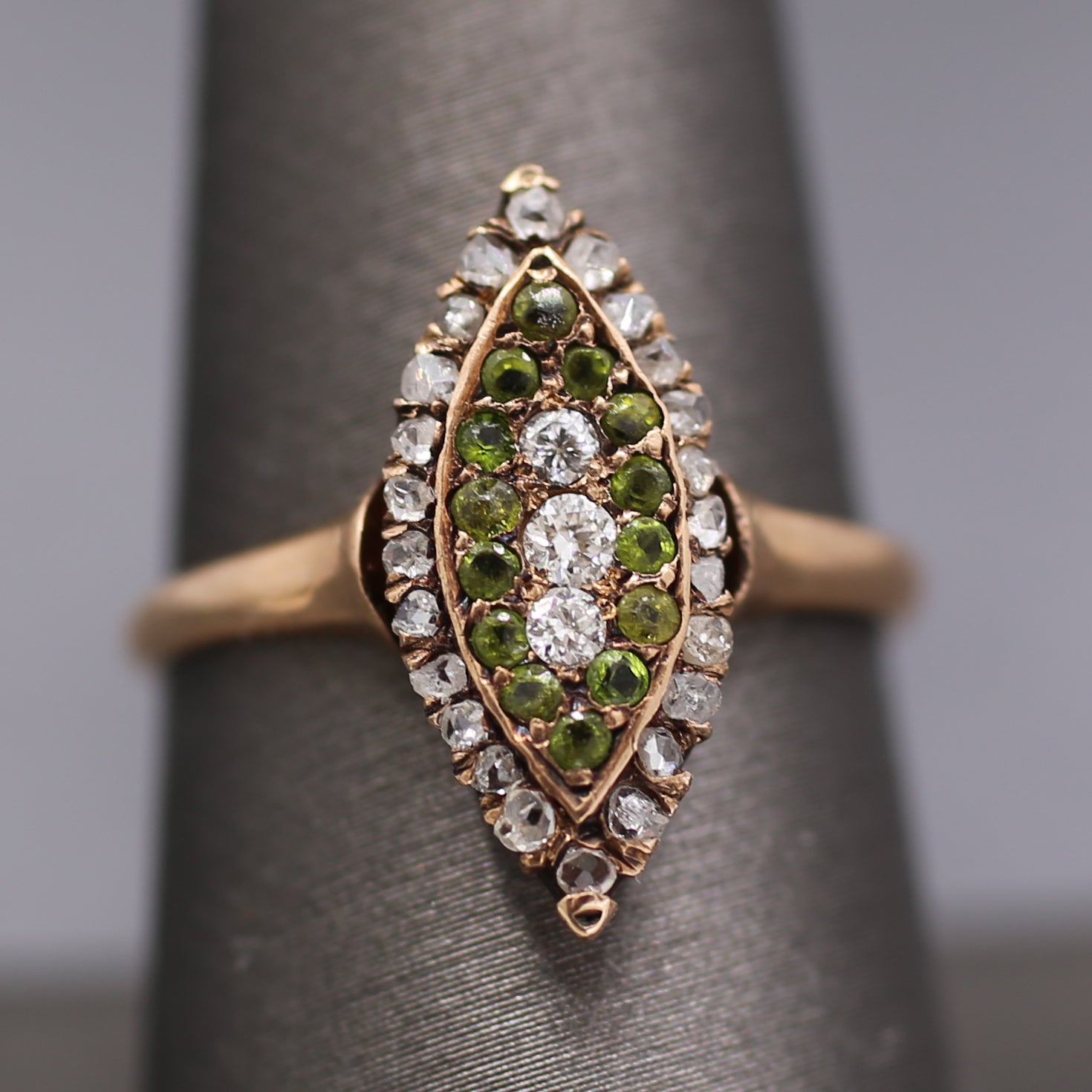 Victorian Old Mine Rose Cut Diamond & Demantoid Garnet Navette Ring in 10k Rose Gold
