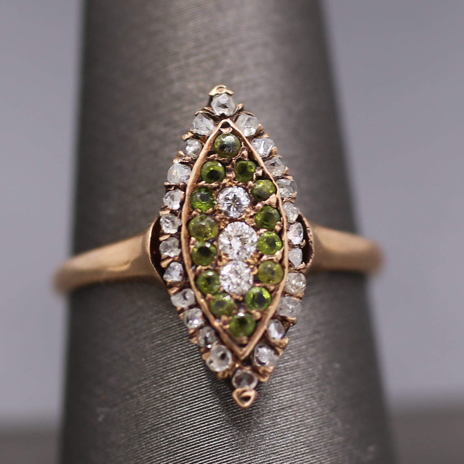 Victorian Old Mine Rose Cut Diamond & Demantoid Garnet Navette Ring in 10k Rose Gold

