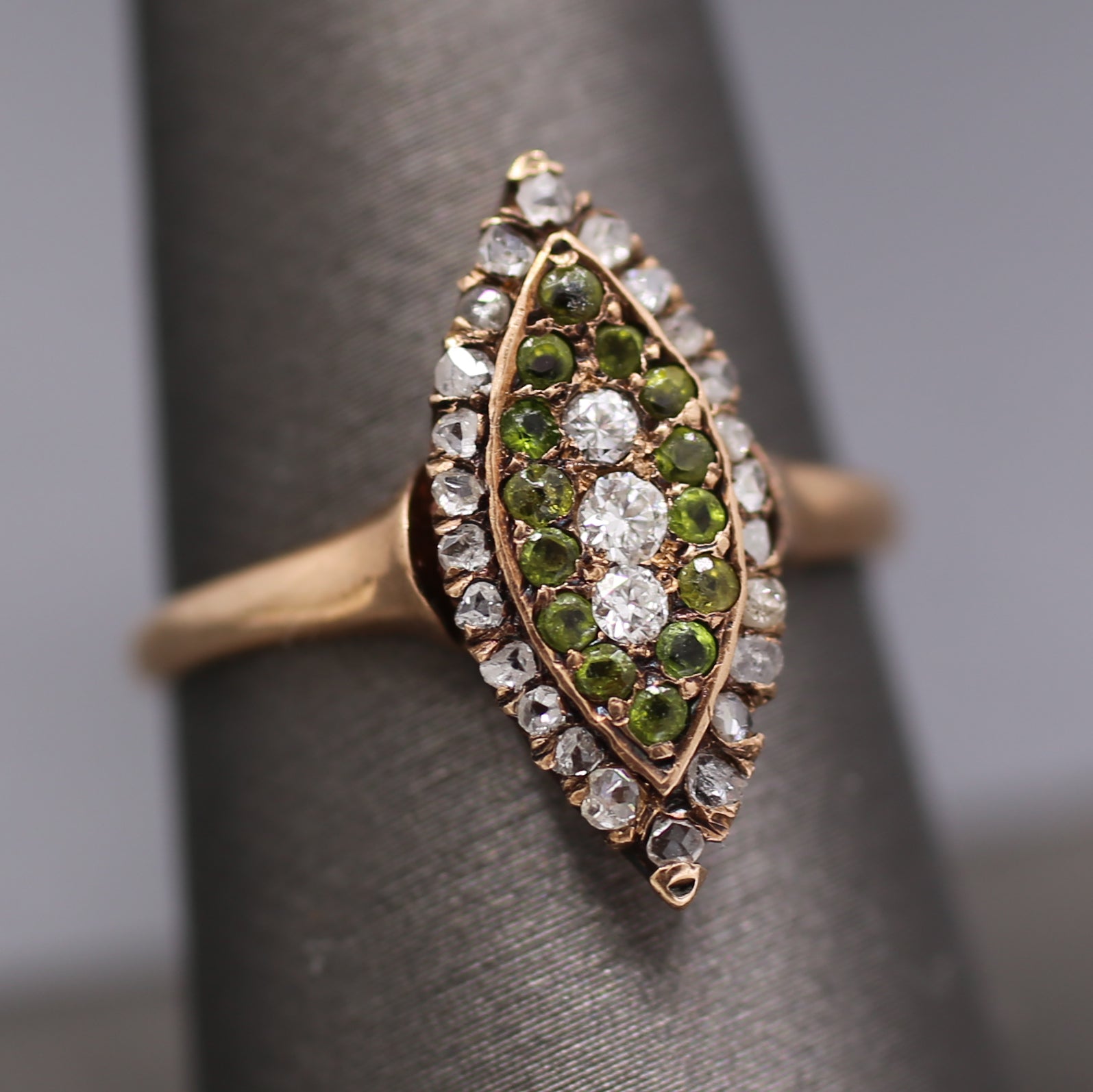 Victorian Old Mine Rose Cut Diamond & Demantoid Garnet Navette Ring in 10k Rose Gold
