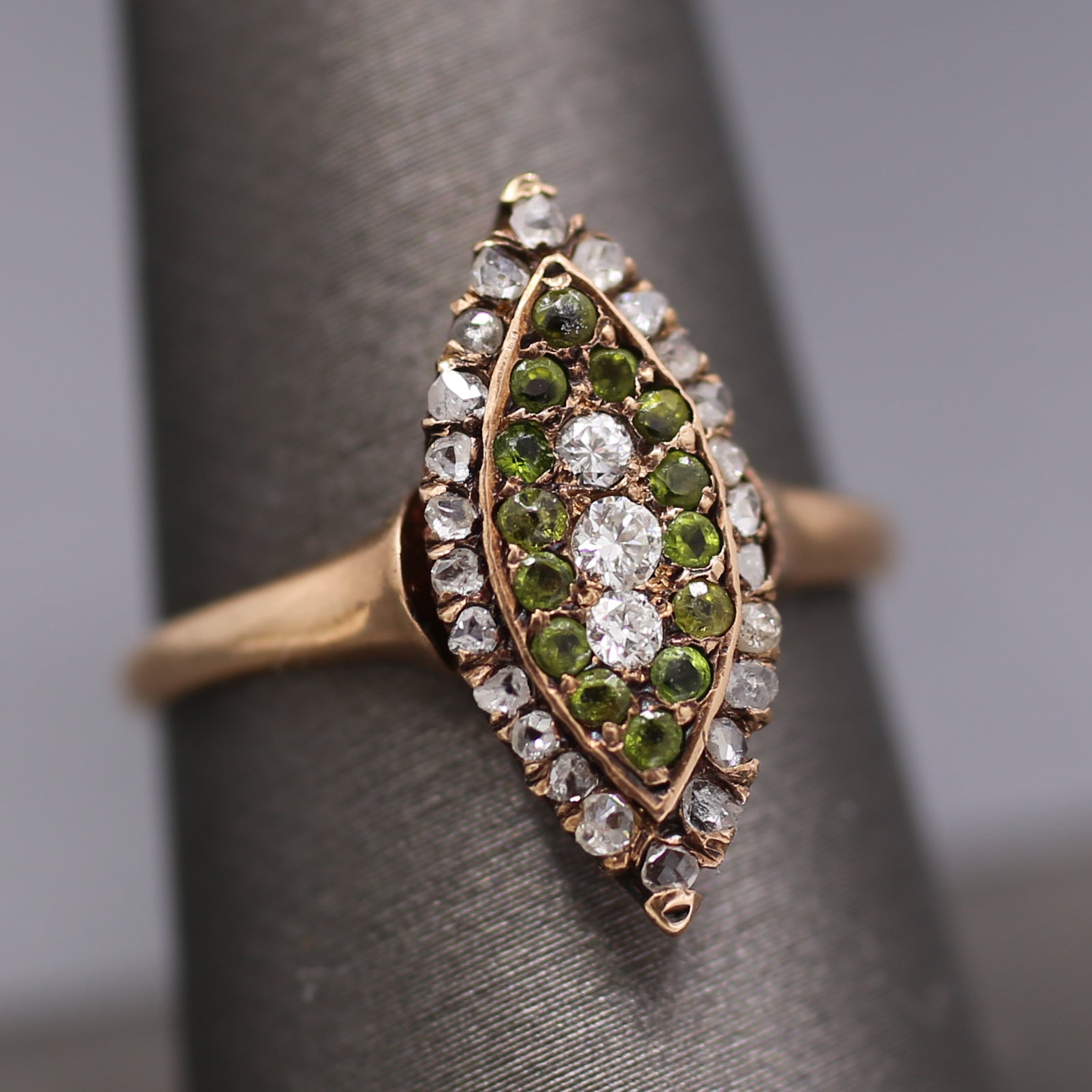 Victorian Old Mine Rose Cut Diamond & Demantoid Garnet Navette Ring in 10k Rose Gold

