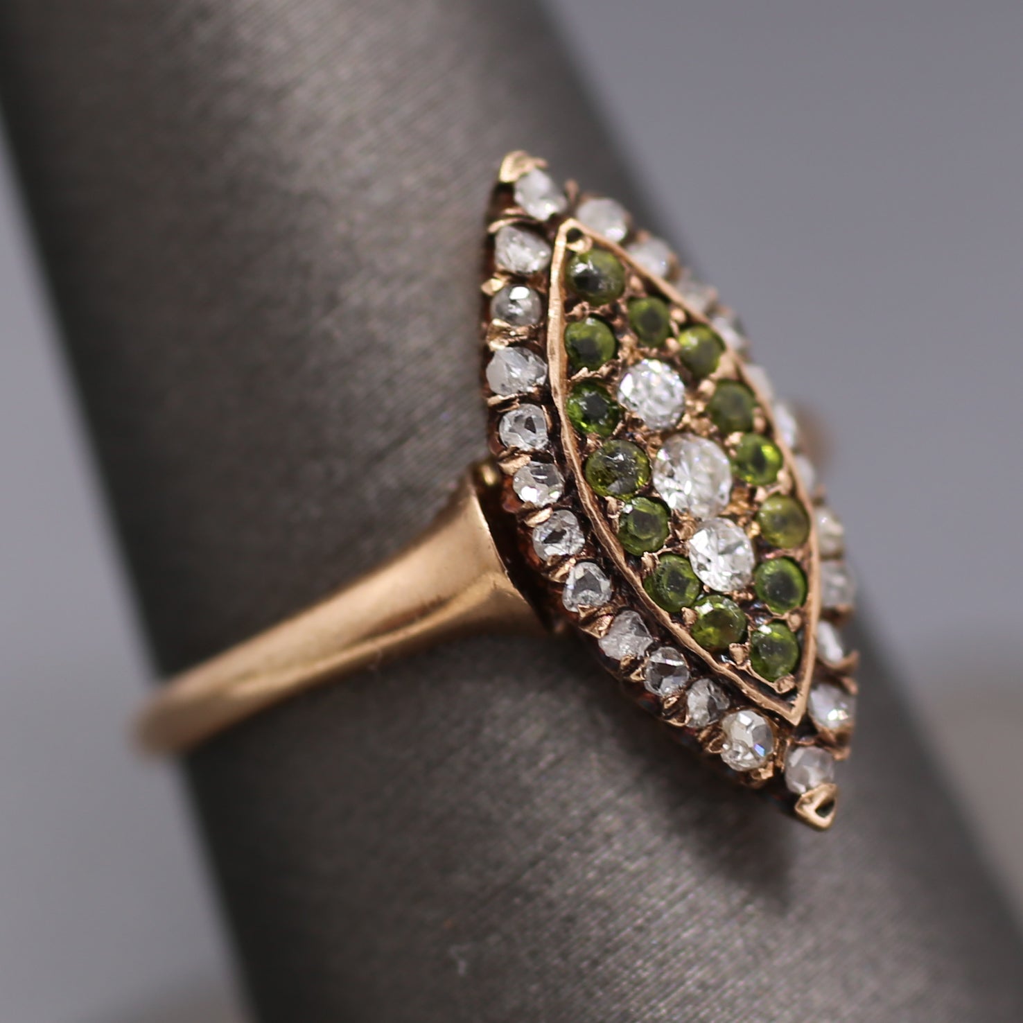Victorian Old Mine Rose Cut Diamond & Demantoid Garnet Navette Ring in 10k Rose Gold
