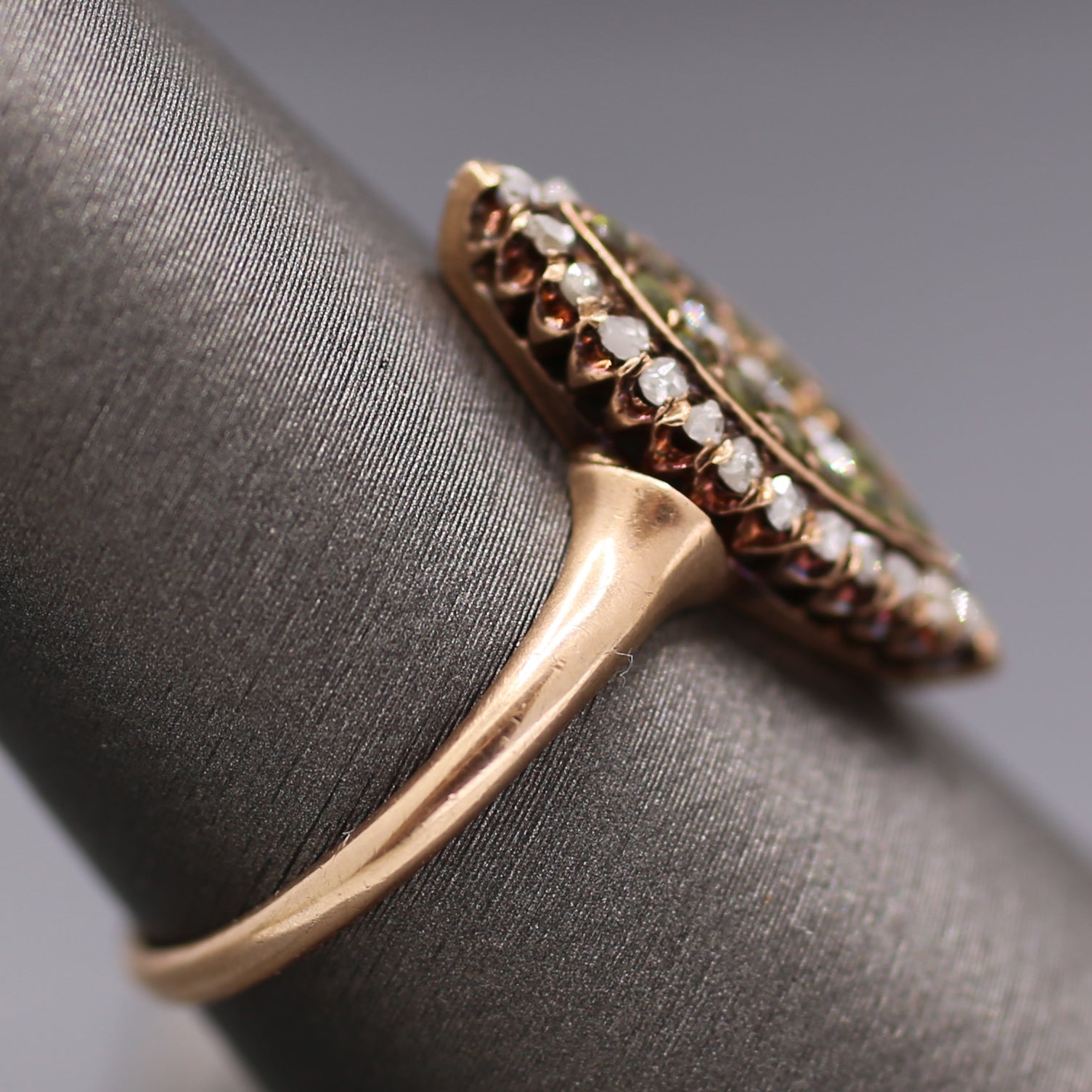 Victorian Old Mine Rose Cut Diamond & Demantoid Garnet Navette Ring in 10k Rose Gold
