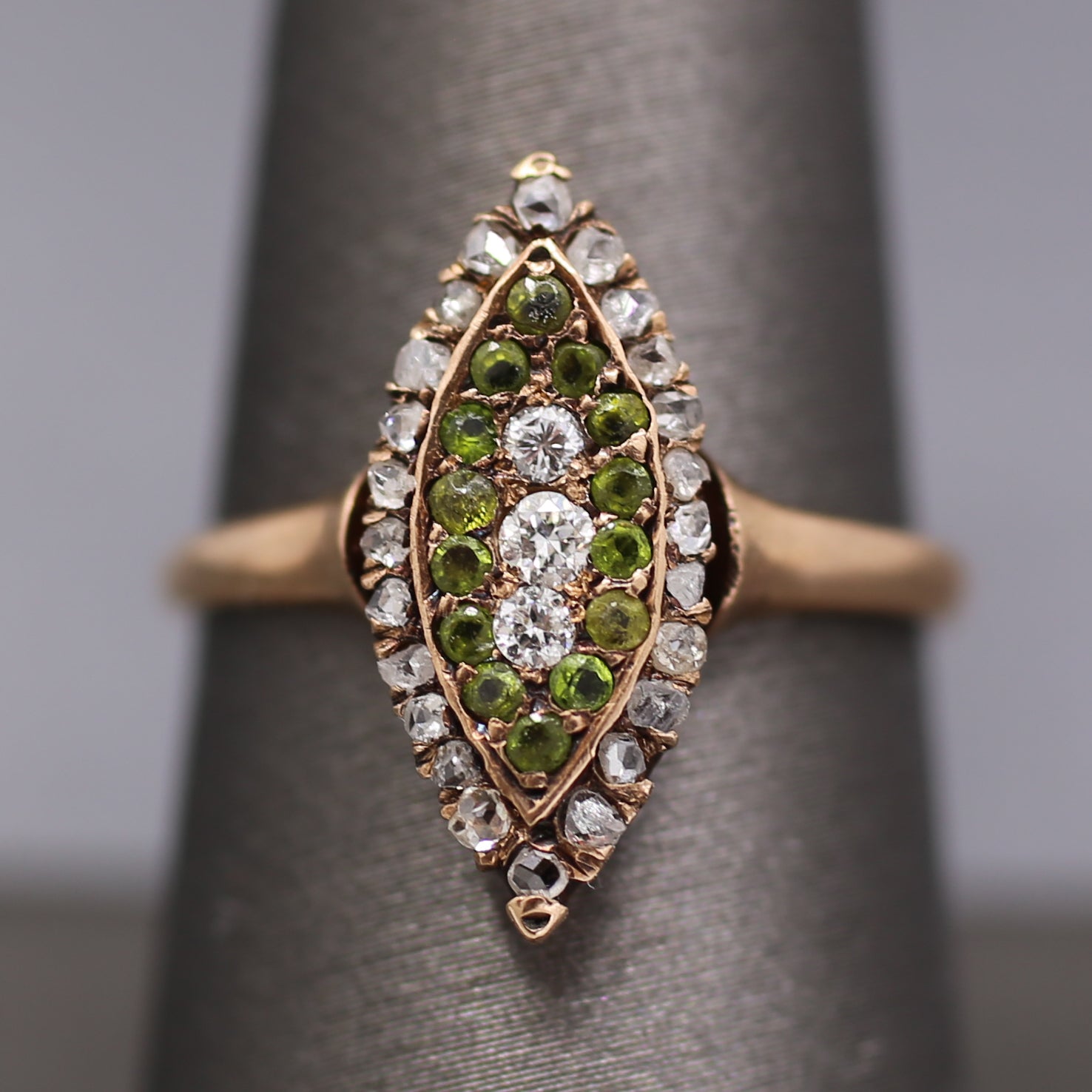 Victorian Old Mine Rose Cut Diamond & Demantoid Garnet Navette Ring in 10k Rose Gold
