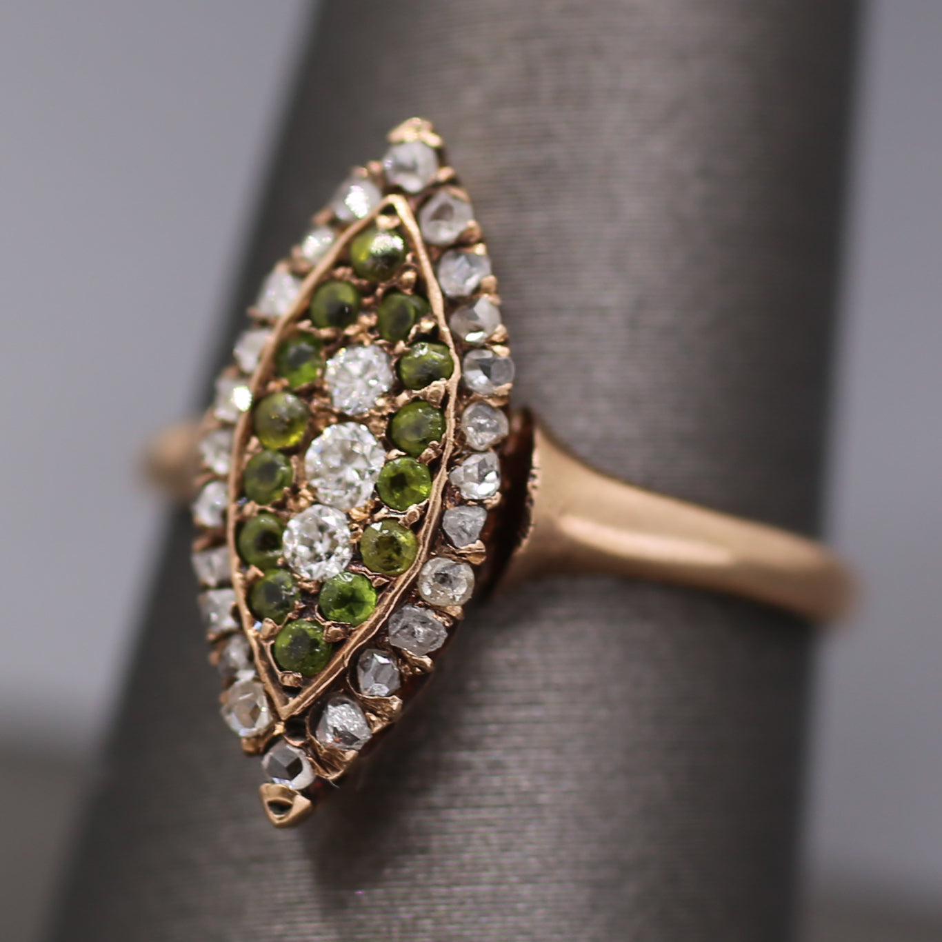 Victorian Old Mine Rose Cut Diamond & Demantoid Garnet Navette Ring in 10k Rose Gold
