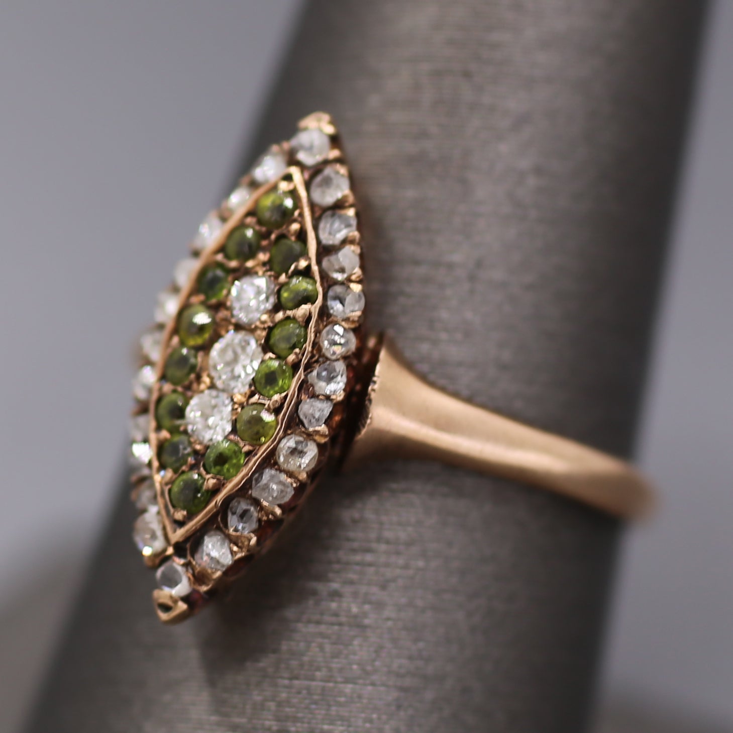 Victorian Old Mine Rose Cut Diamond & Demantoid Garnet Navette Ring in 10k Rose Gold
