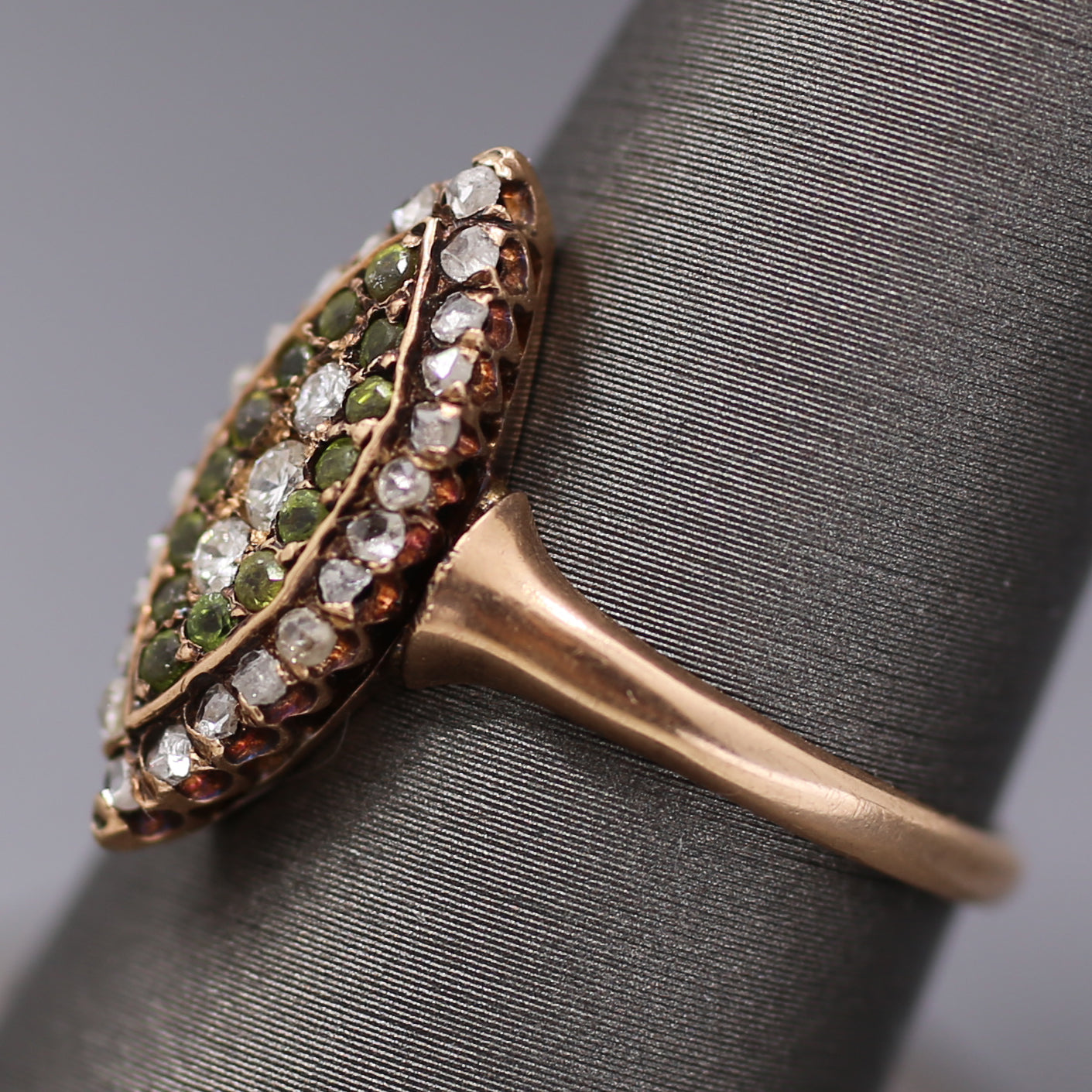 Victorian Old Mine Rose Cut Diamond & Demantoid Garnet Navette Ring in 10k Rose Gold
