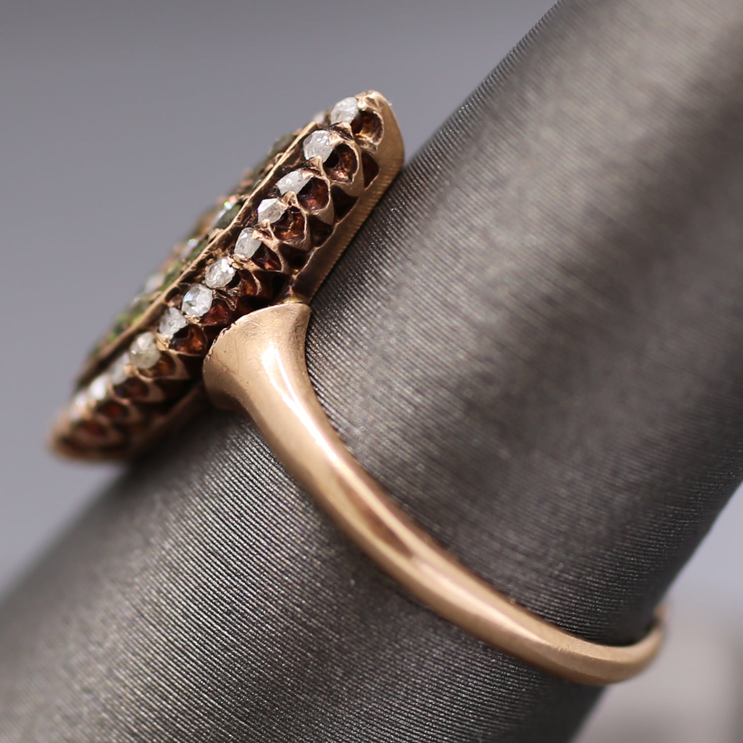 Victorian Old Mine Rose Cut Diamond & Demantoid Garnet Navette Ring in 10k Rose Gold
